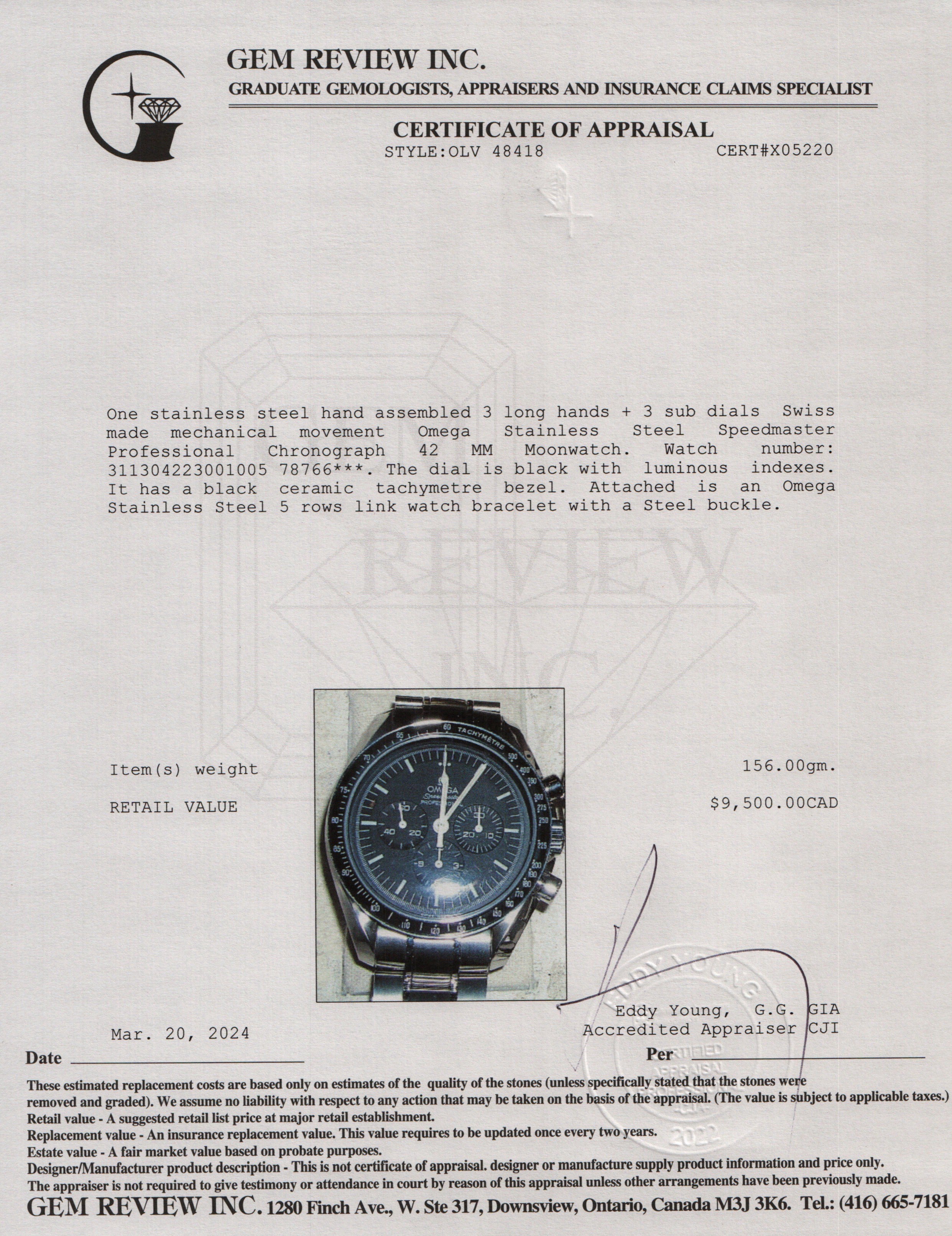 Omega Stainless Steel Speedmaster Professional 42 MM Moonwatch w/ Box & Papers