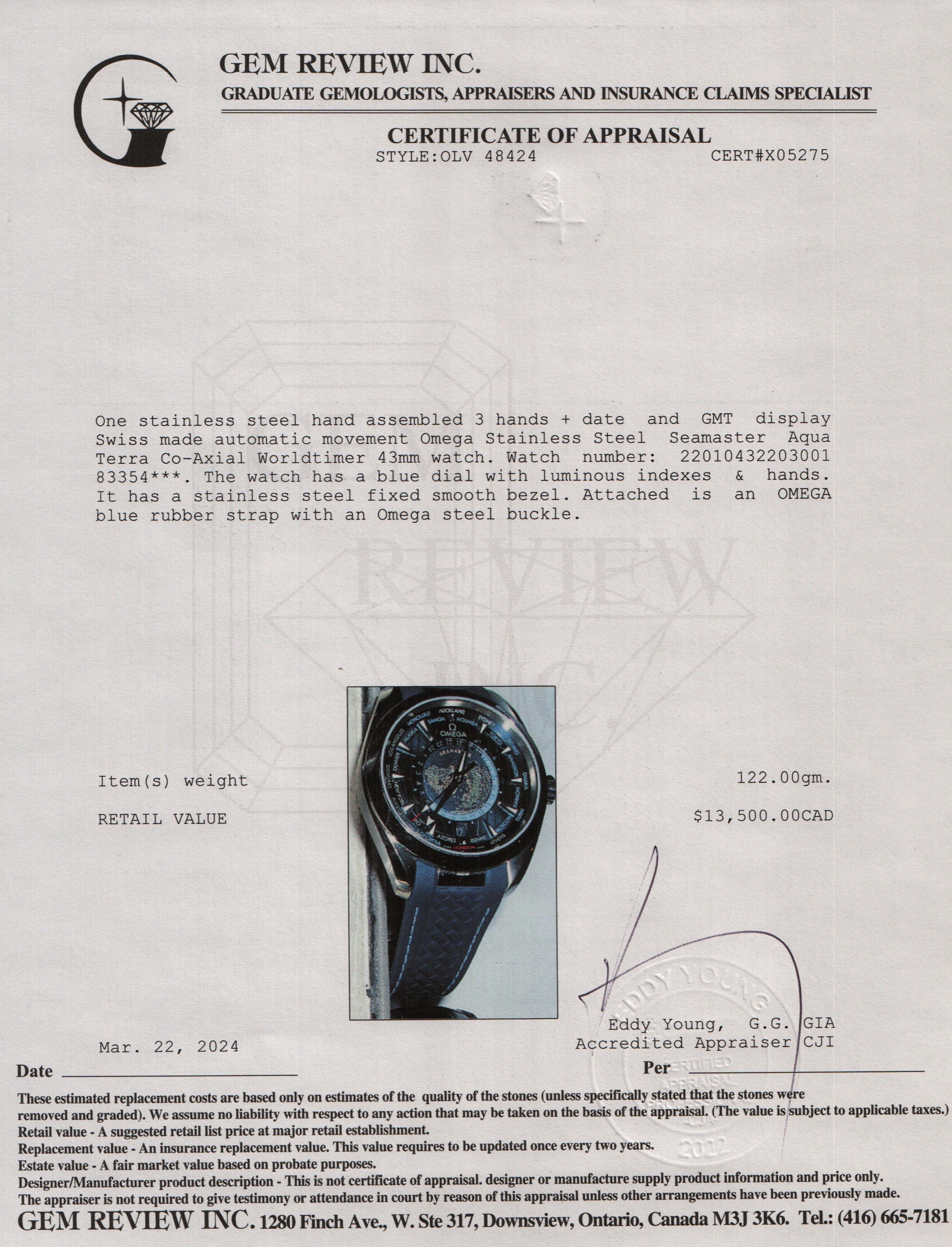 Omega Stainless Steel Seamaster Aqua Terra Co-Axial Worldtimer 43 MM Automatic Watch w/ Box & Papers