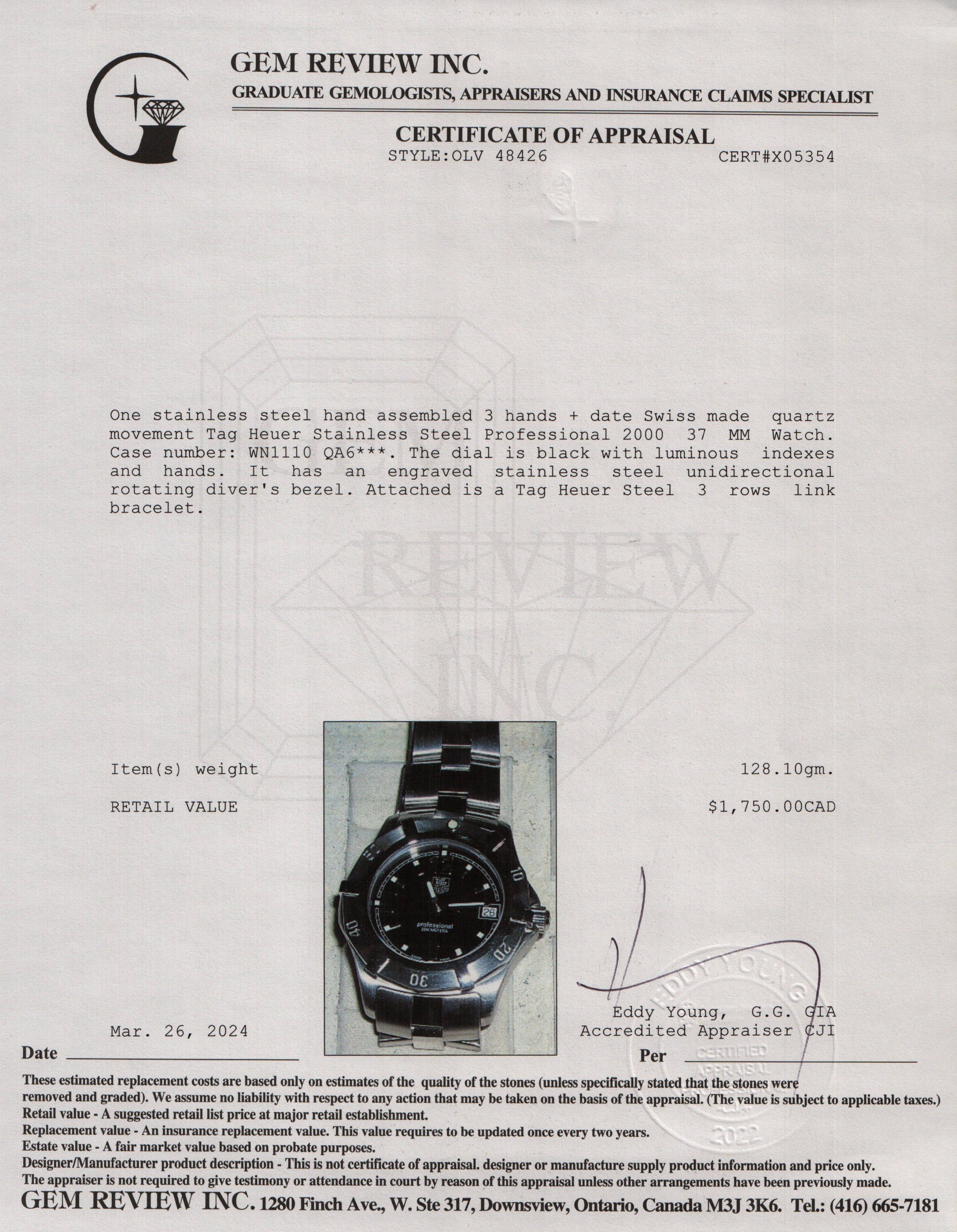 Tag Heuer Stainless Steel Professional 2000 37 MM Watch