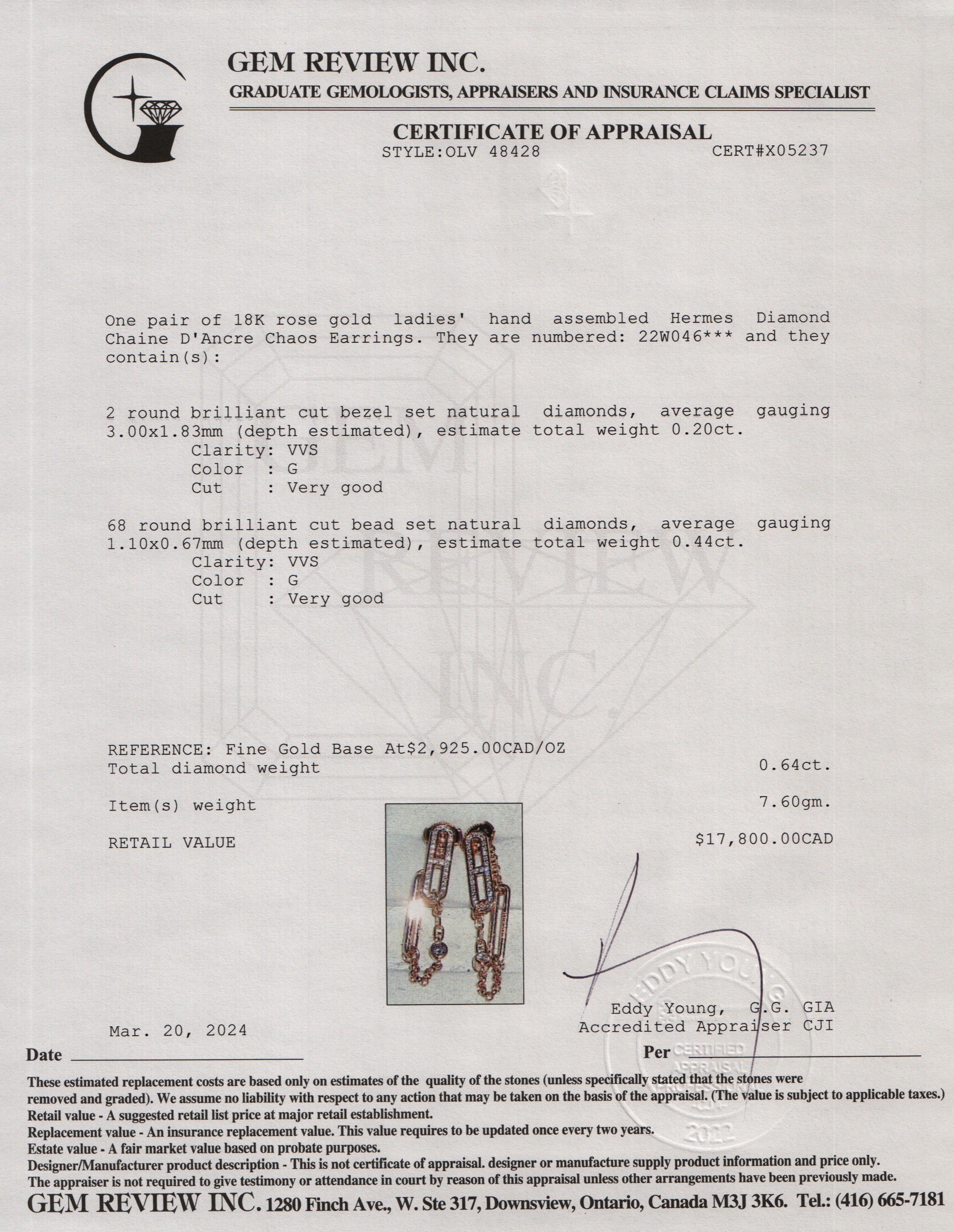 Hermes 18k Rose Gold Diamond Chaine D'Ancre Chaos Earrings w/ Box