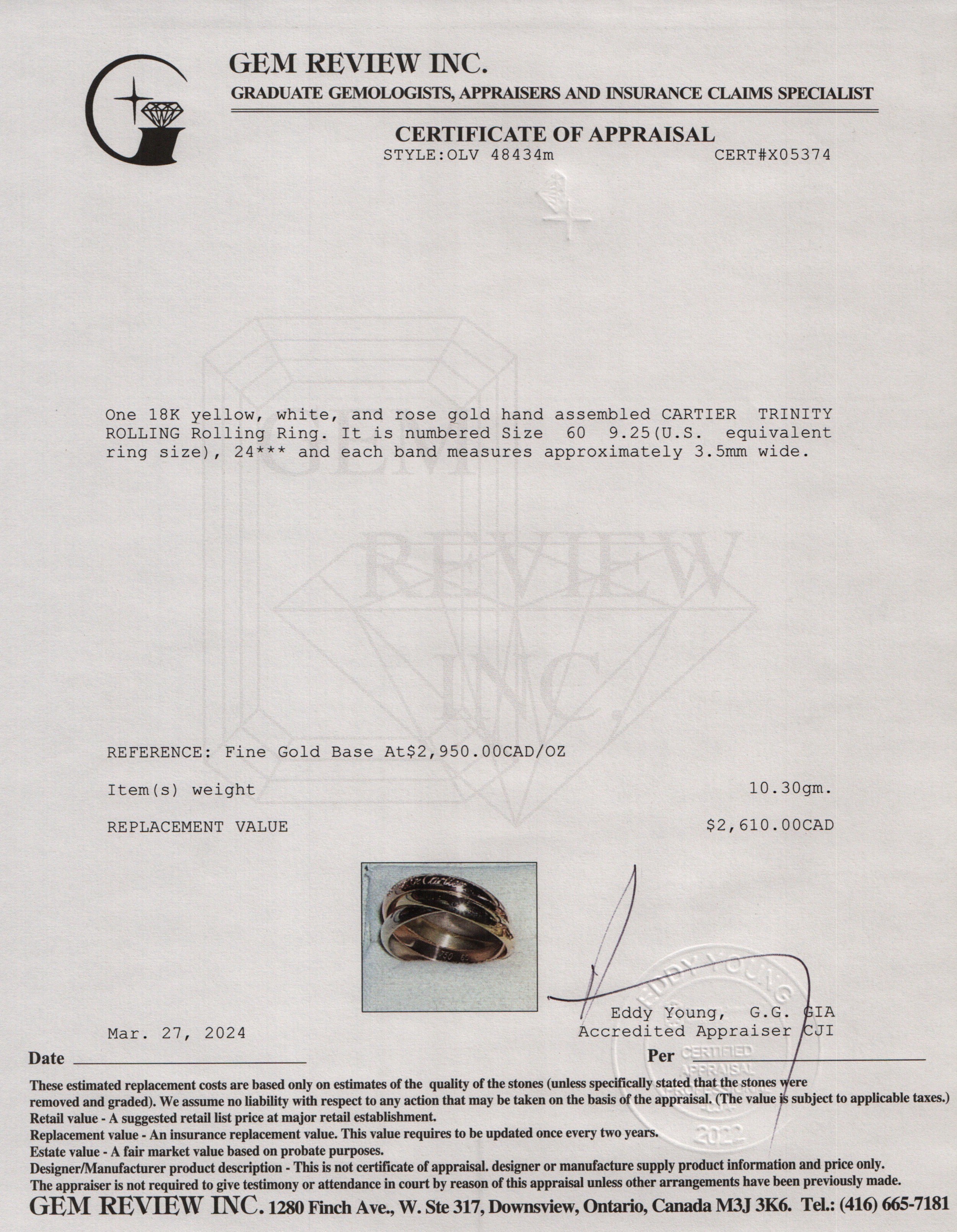 Cartier 18k Tri-Gold Vintage Le must de Cartier Trinity Rolling Ring, Size 60 9.25