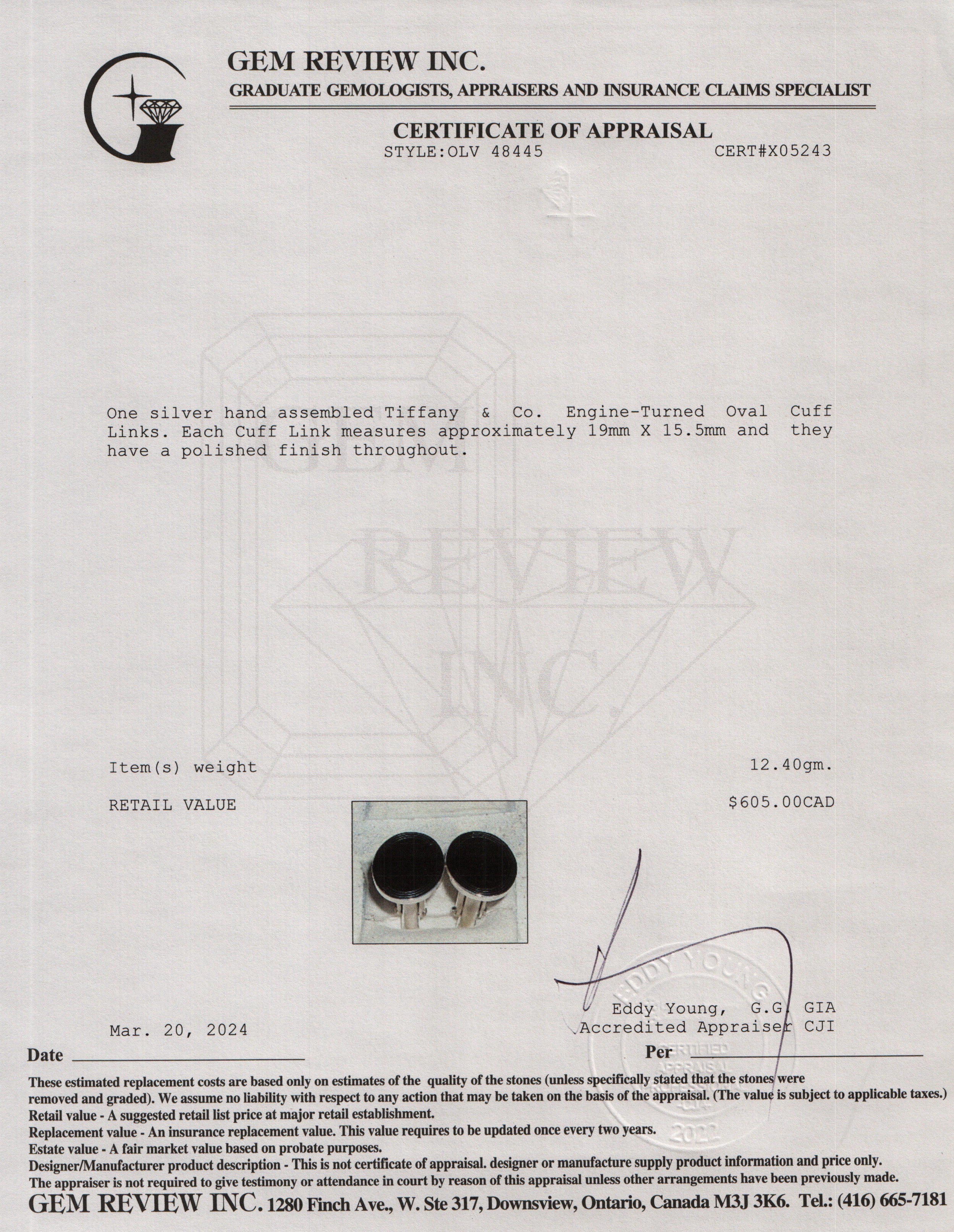 Tiffany & Co. Sterling Silver Engine-Turned Oval Cuff Links