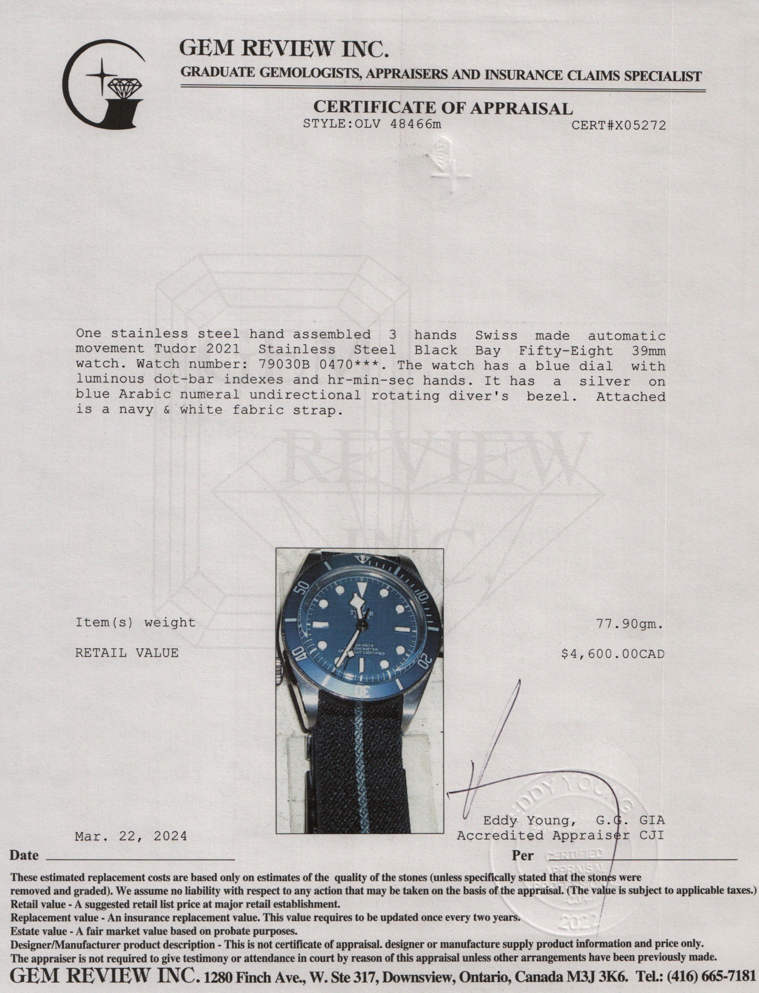 Tudor 2021 Stainless Steel Black Bay Fifty-Eight 39 MM Automatic Watch w/ Box & Papers