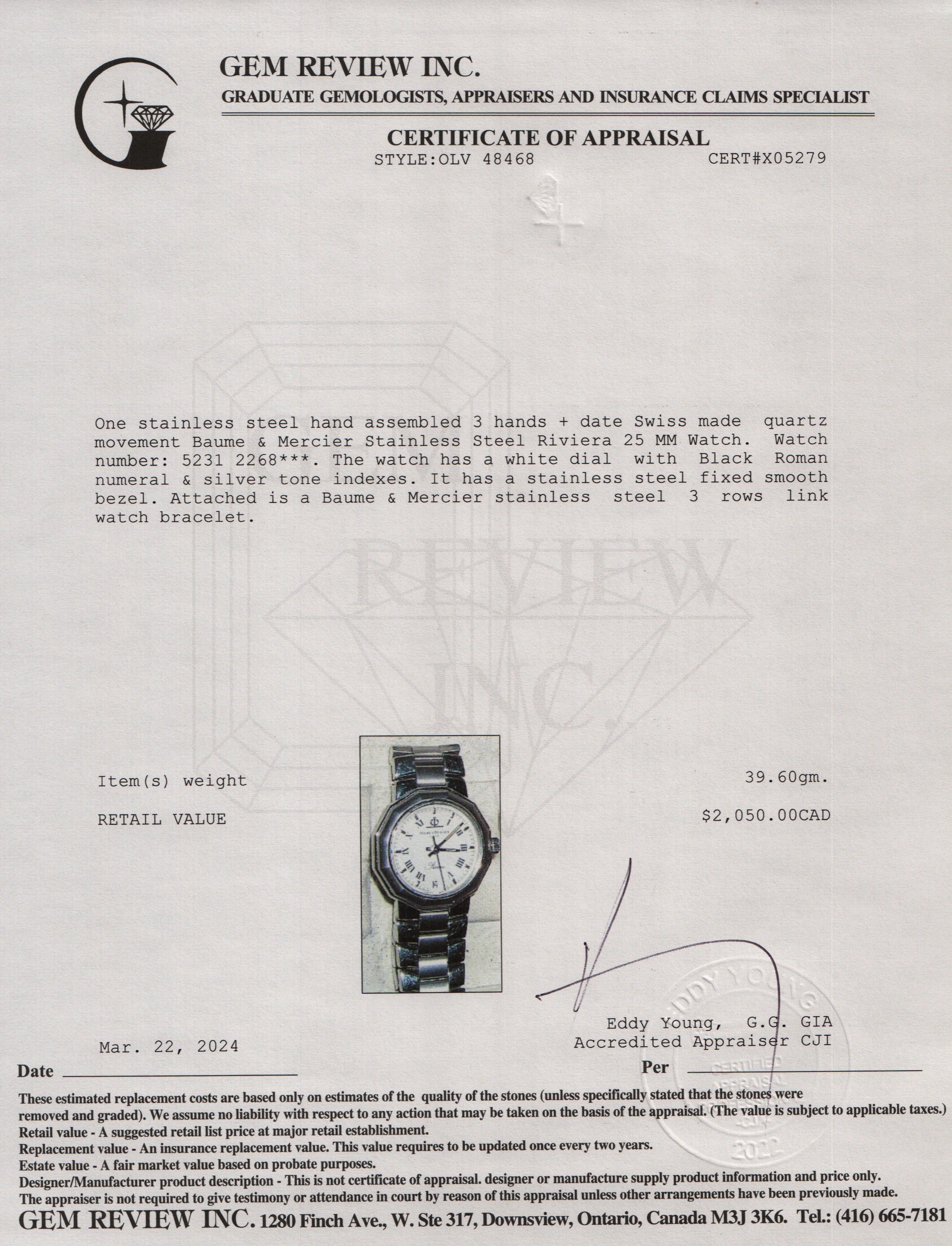 Baume & Mercier Stainless Steel Riviera 25 MM Watch w/ Box