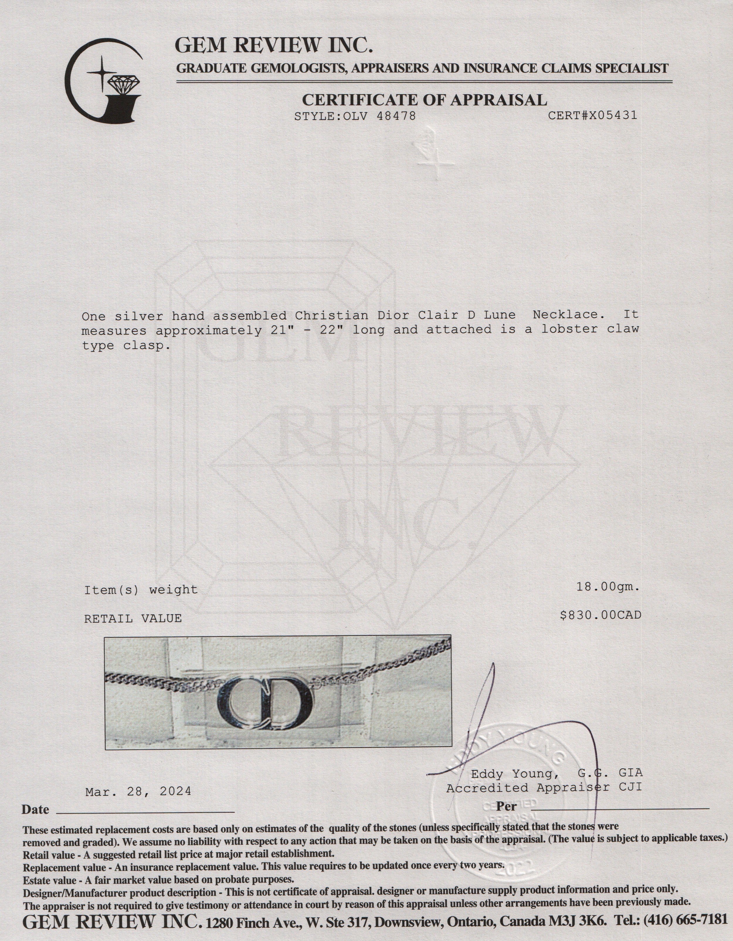 Christian Dior Sterling Silver Clair D Lune Necklace w/ Box