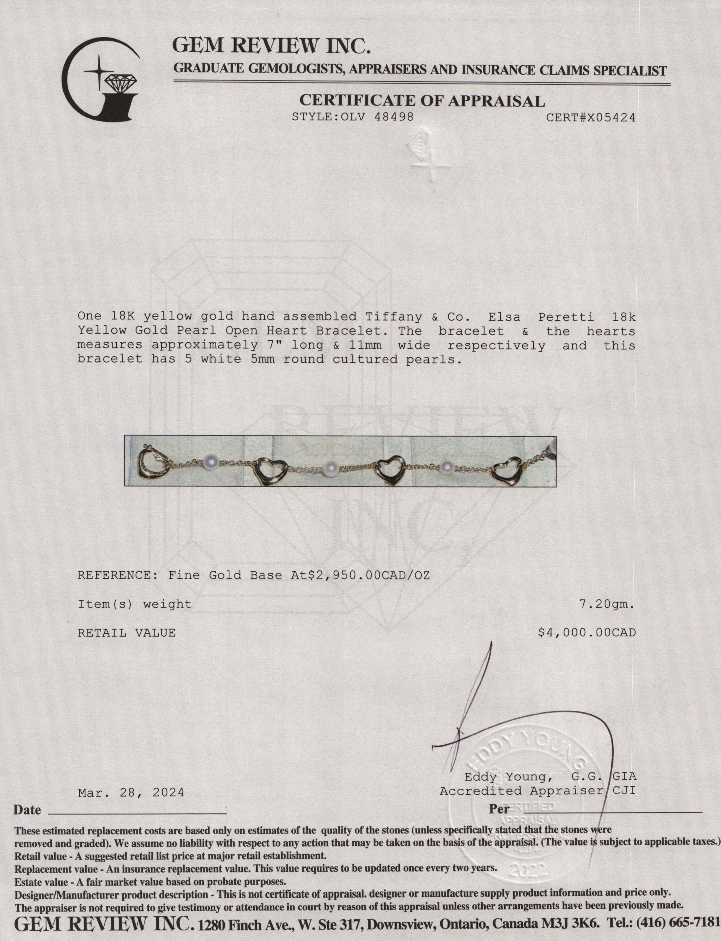 Tiffany & Co. Elsa Peretti 18k Yellow Gold Pearl Open Heart Bracelet w/ Box