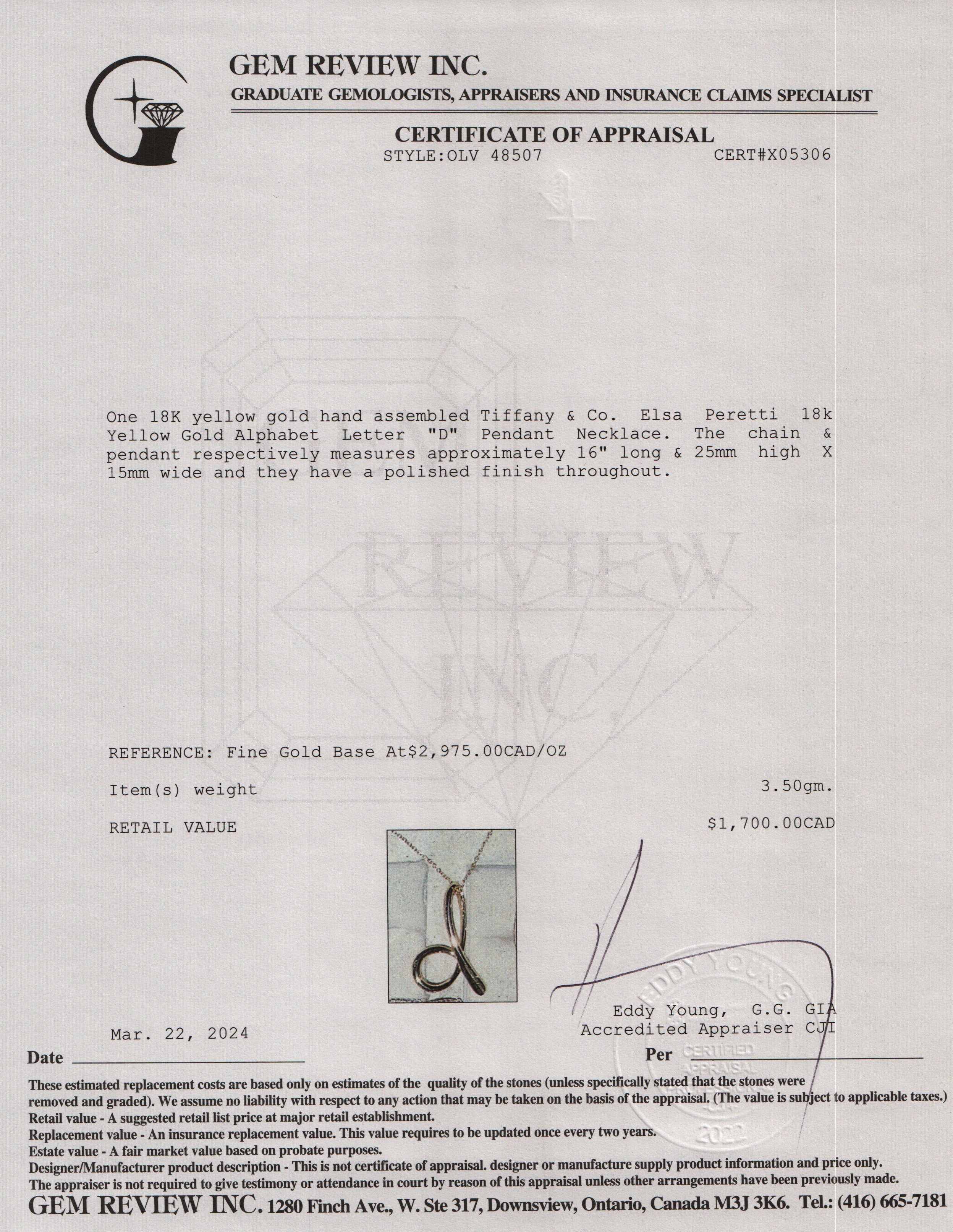 Tiffany & Co. Elsa Peretti 18k Yellow Gold Alphabet Letter "D" Pendant Necklace w/ Box