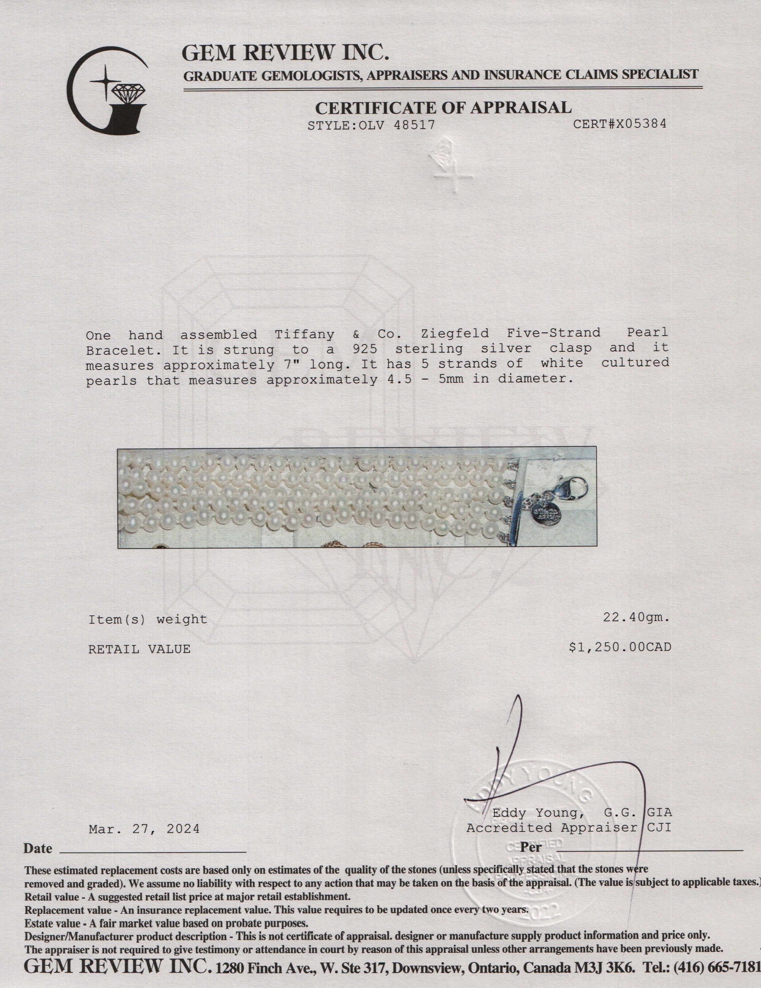 Tiffany & Co. Sterling Silver Ziegfeld Five-Strand Pearl Bracelet w/ Box