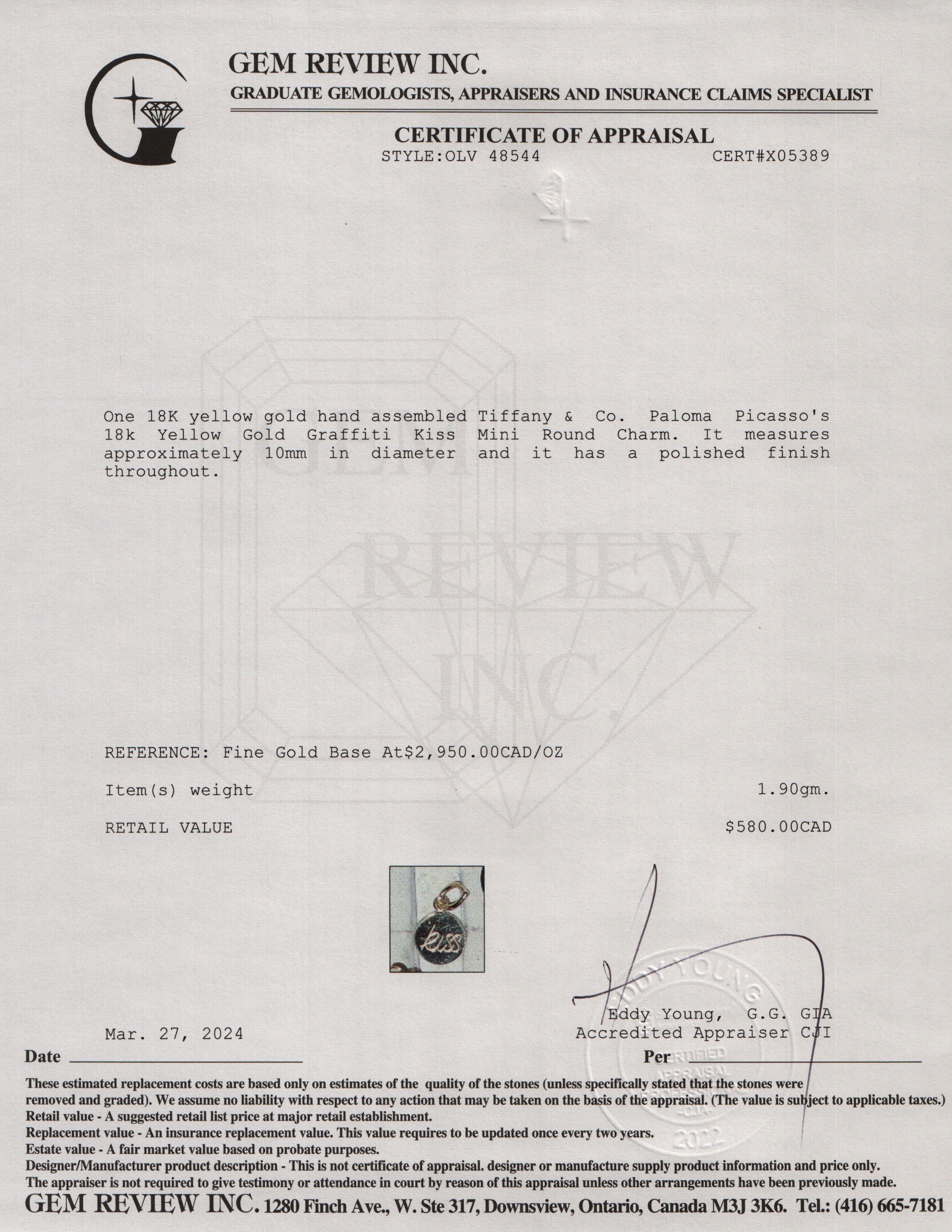 Tiffany & Co. Paloma Picasso's 18k Yellow Gold Graffiti Kiss Mini Round Charm w/ Box