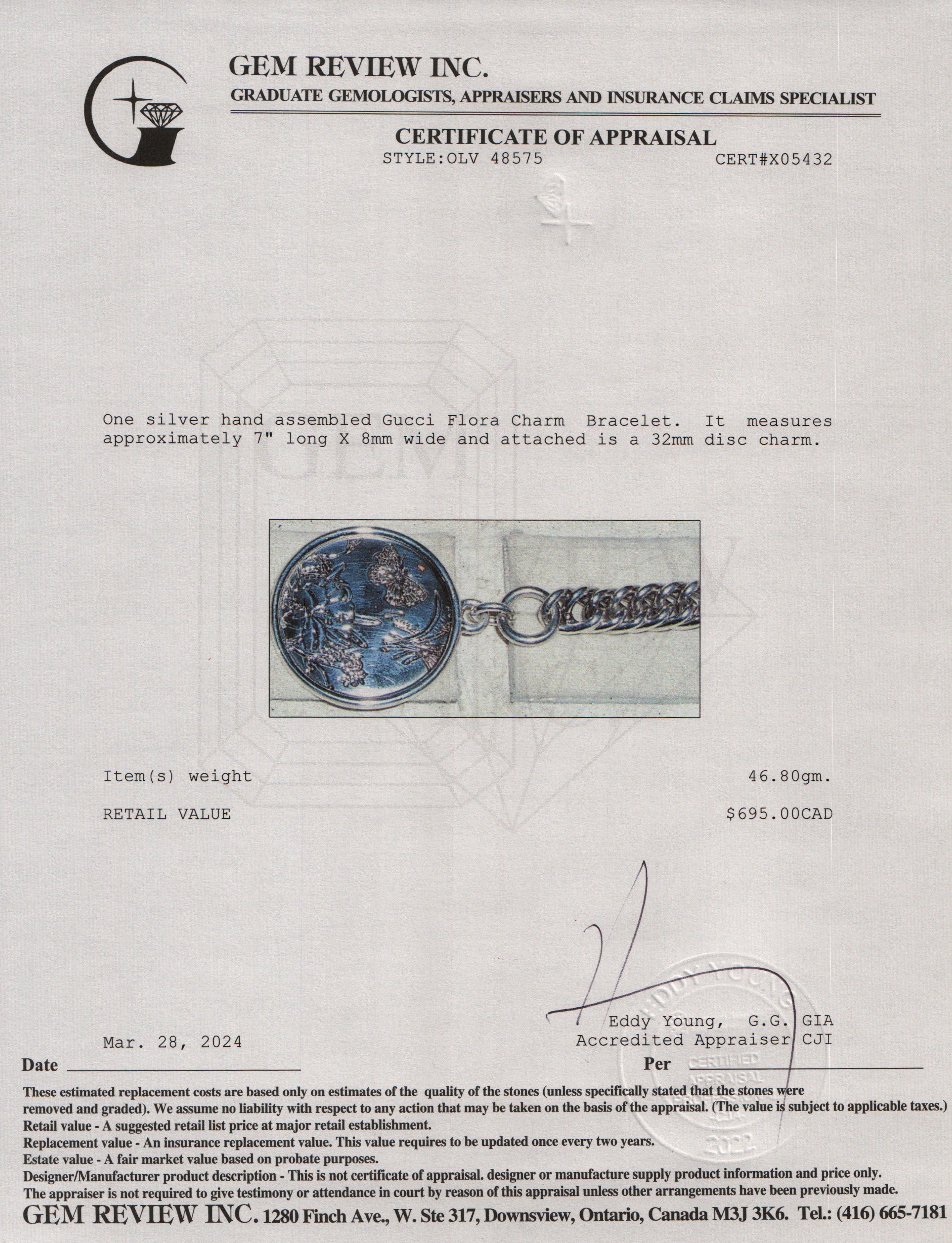 Gucci Sterling Silver Flora Charm Bracelet w/ Box