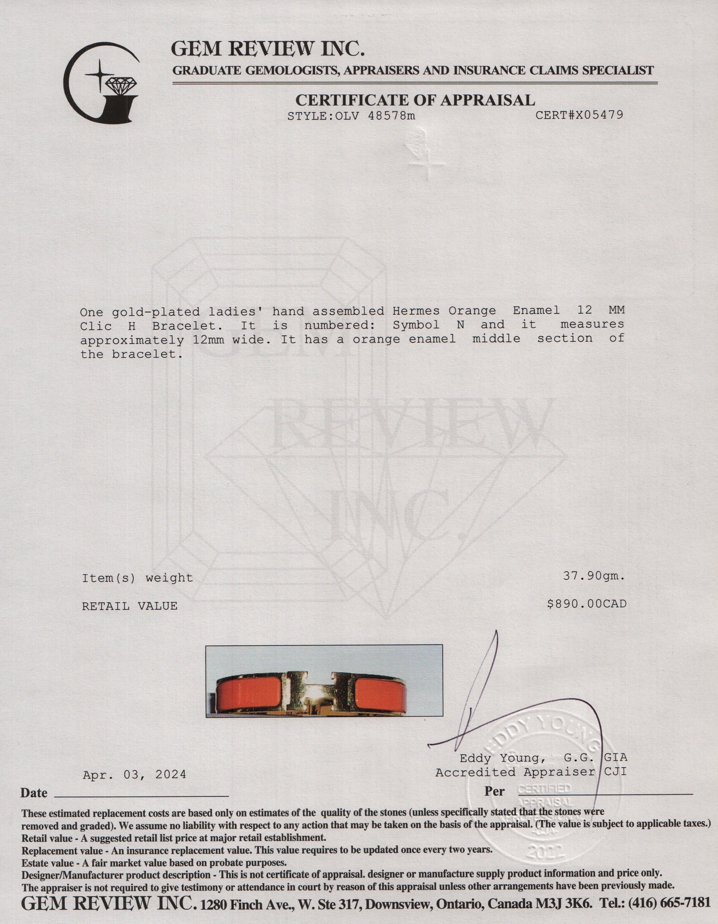 Hermes Gold-Plated Orange Enamel 12 MM Clic H Bracelet w/ Box