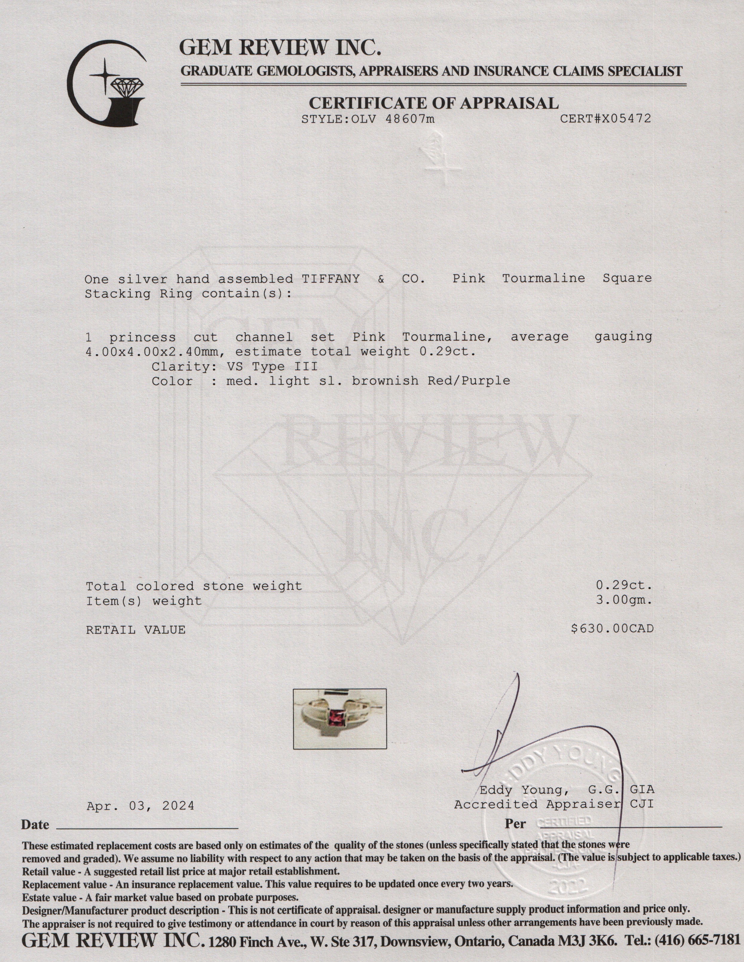 Tiffany & Co. Sterling Silver Pink Tourmaline Square Stacking Ring, Size 6.5