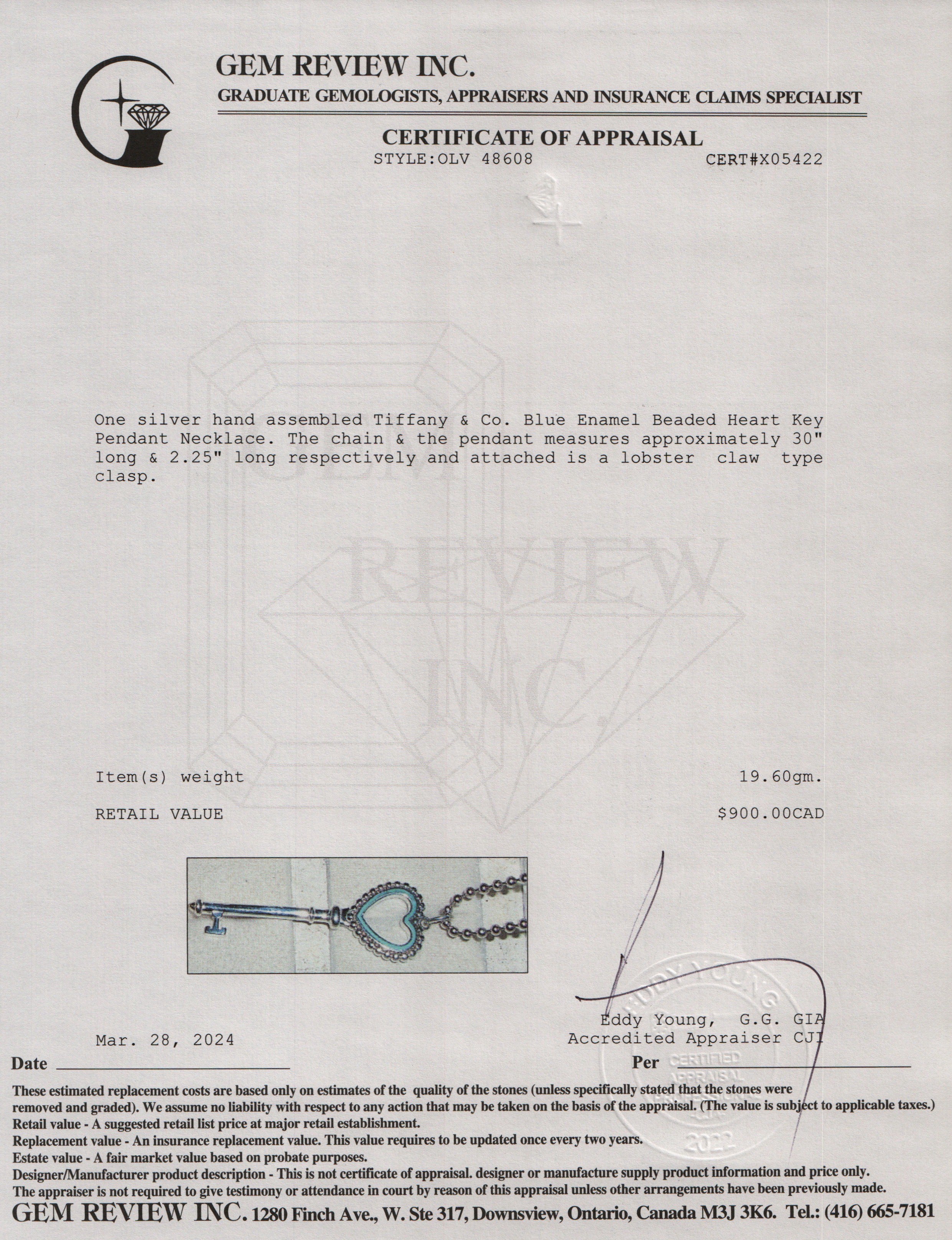 Tiffany & Co. Sterling Silver Blue Enamel Beaded Heart Key Pendant Necklace