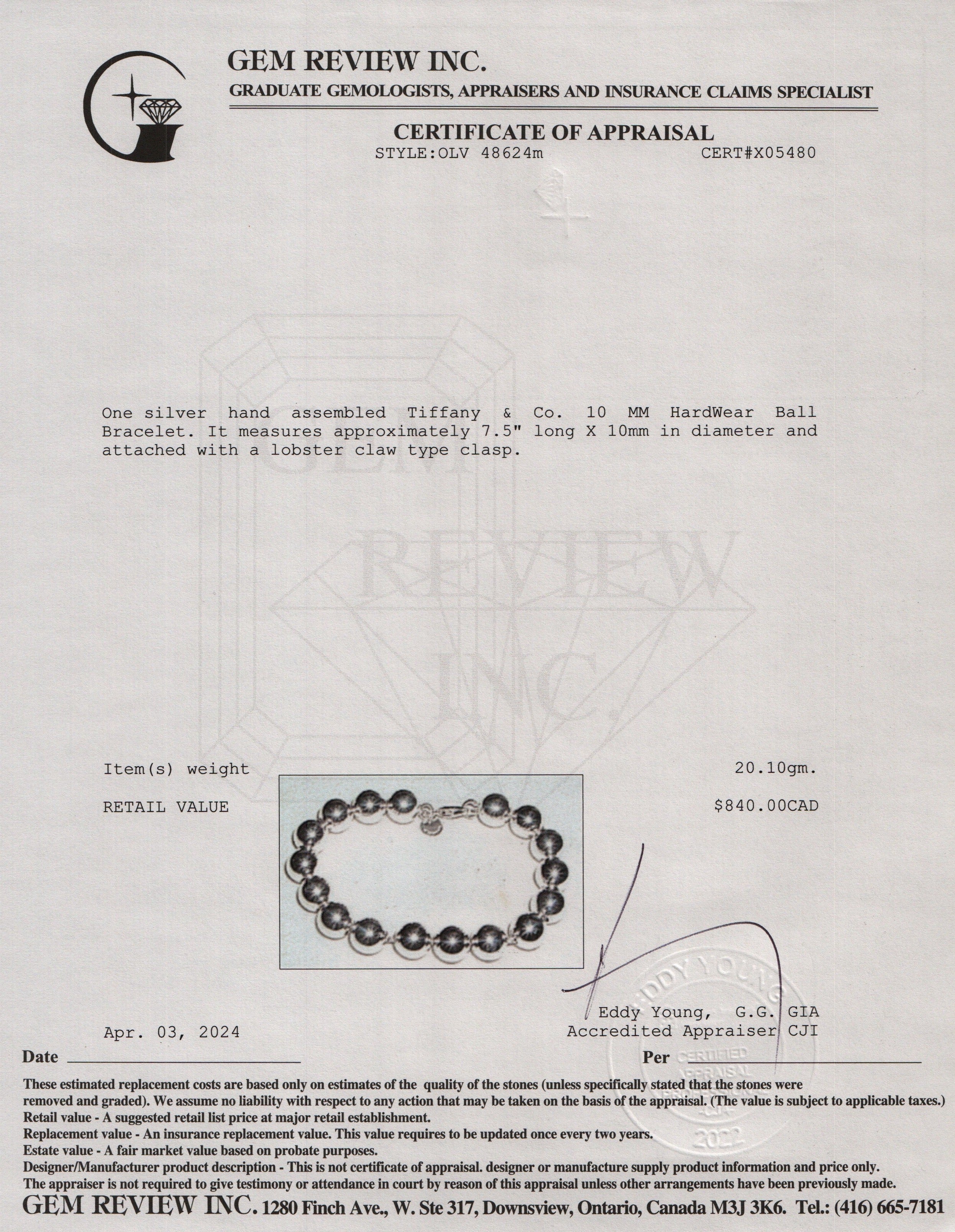 Tiffany & Co. Sterling Silver 10 MM HardWear Ball Bracelet