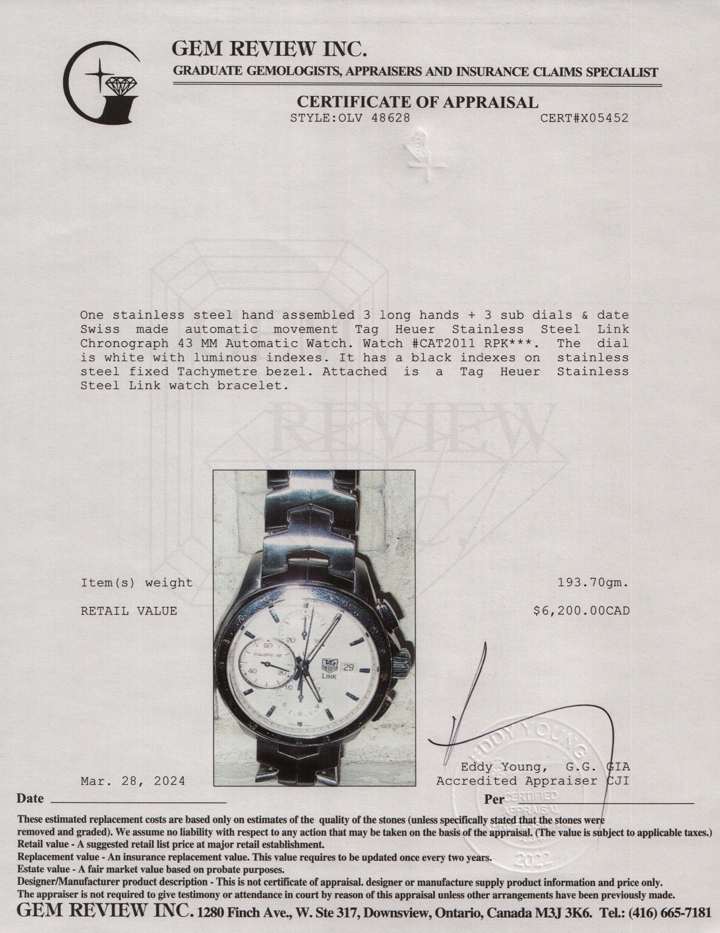 Tag Heuer Stainless Steel Link Chronograph 43 MM Automatic Watch w/ Box & Papers