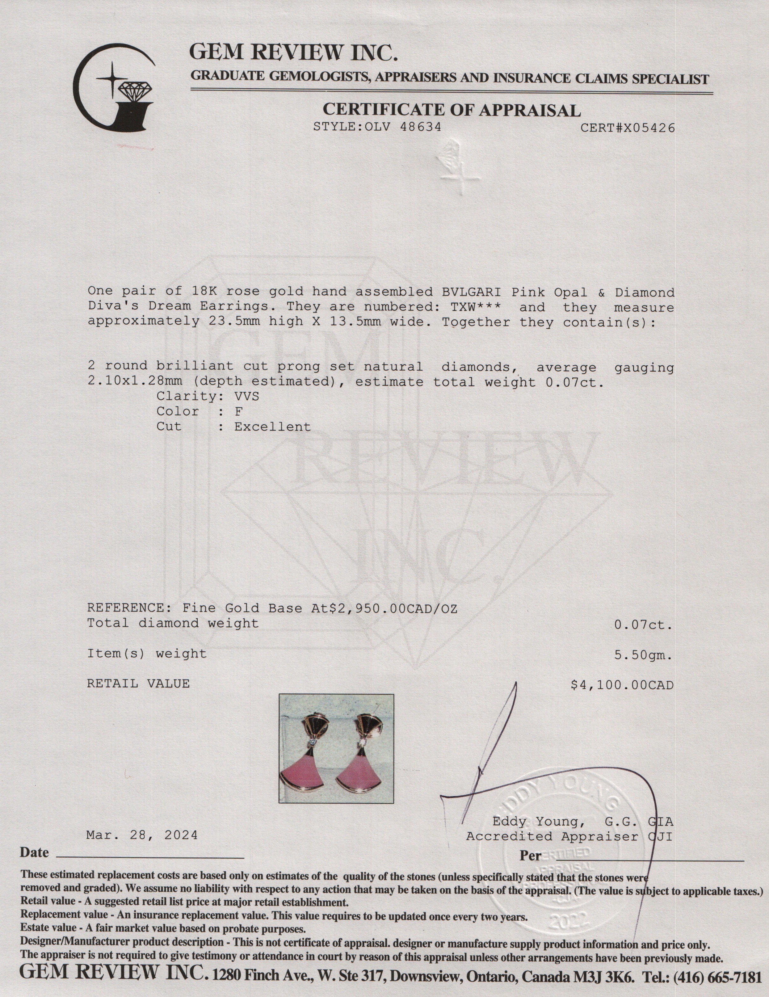 BVLGARI 18k Rose Gold Pink Opal & Diamond Diva's Dream Earrings w/ Box