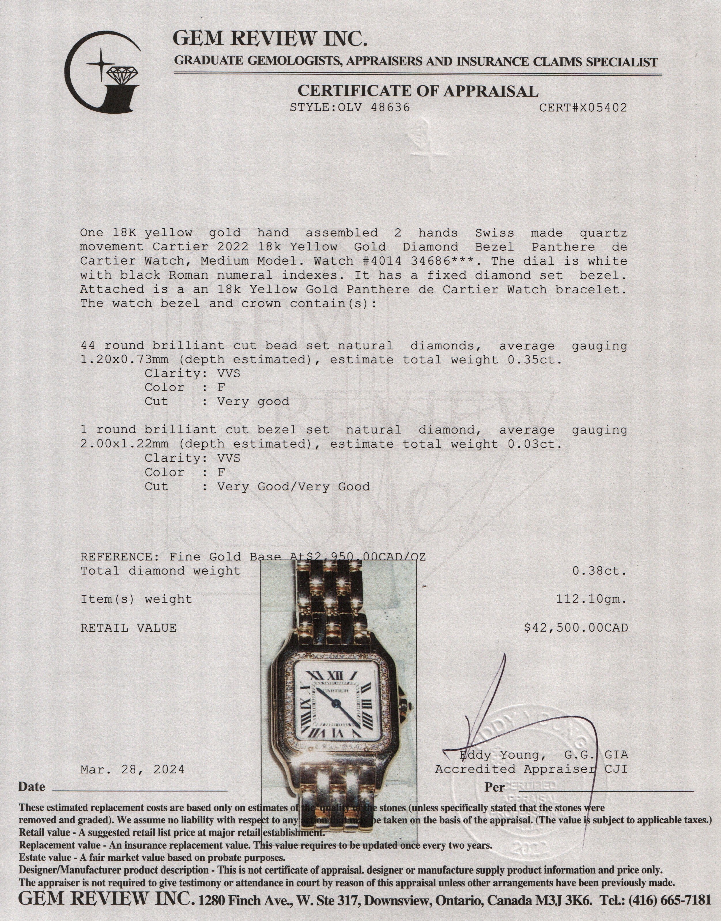 Cartier 2022 18k Yellow Gold Diamond Bezel Panthere de Cartier Watch, Medium Model w/ Box & Papers