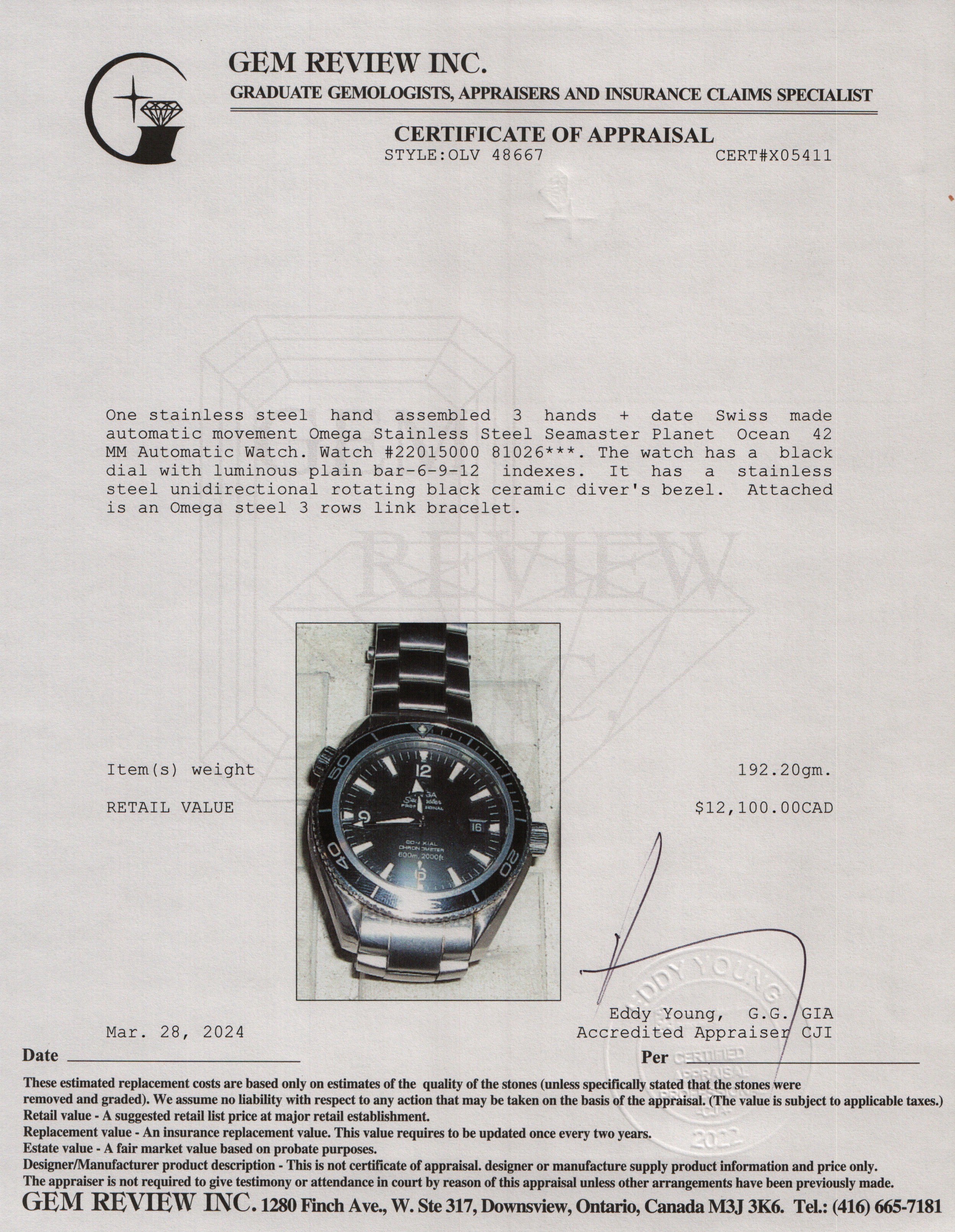 Omega Stainless Steel Seamaster Planet Ocean 42 MM Automatic Watch w/ Case & Cards