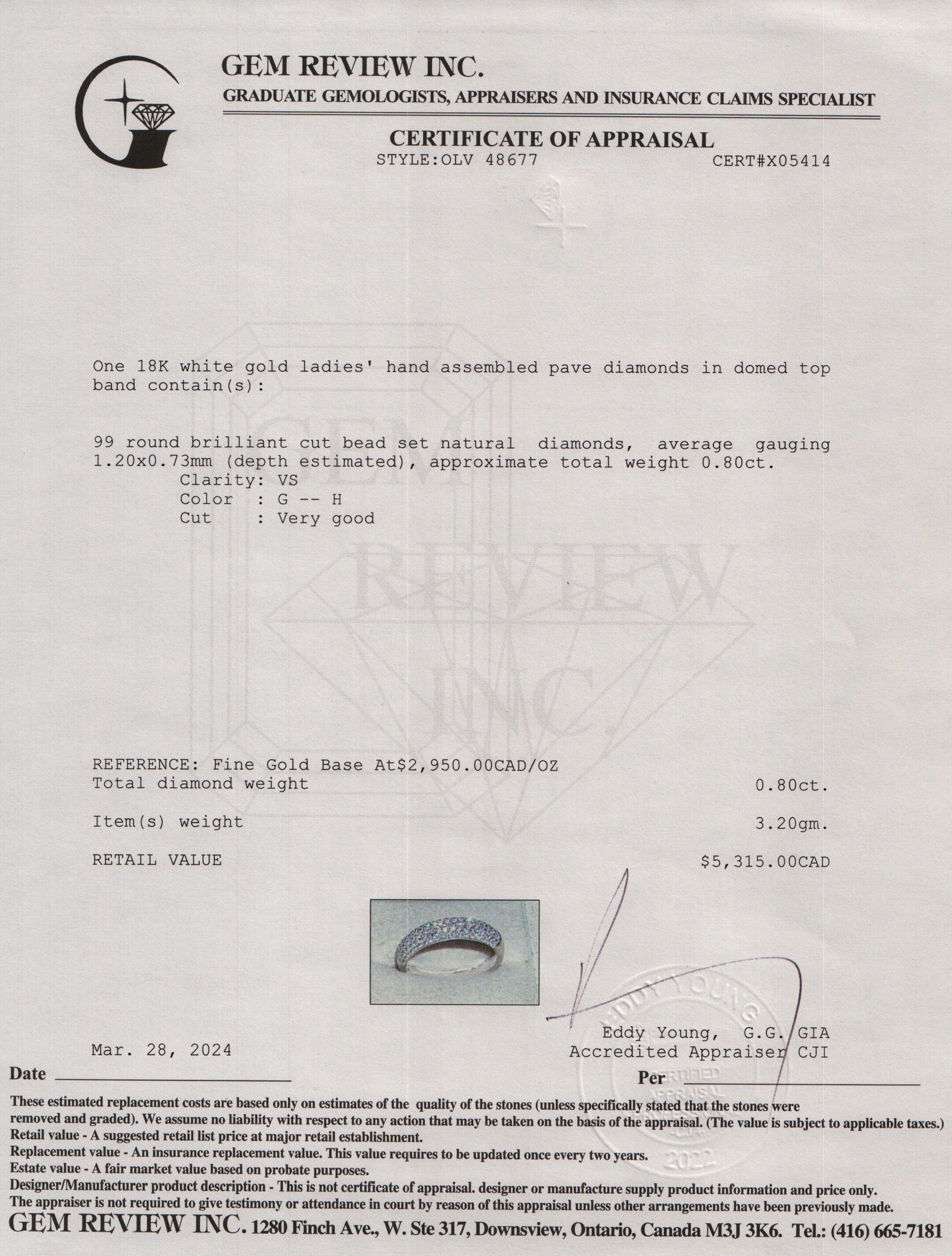 18k White Gold Pave Diamond Band Ring, Size 6.5