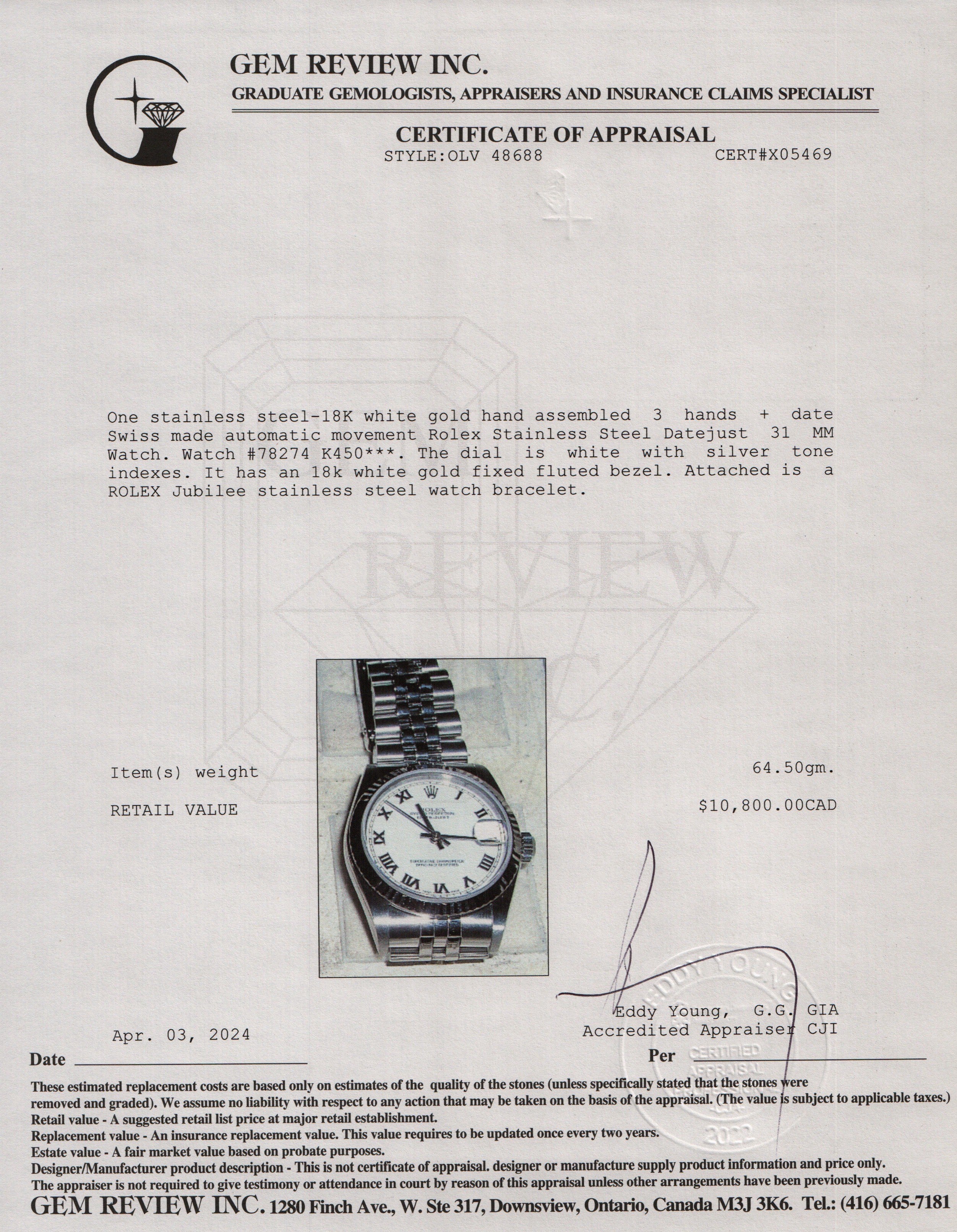 Rolex Stainless Steel Datejust 31 MM Watch