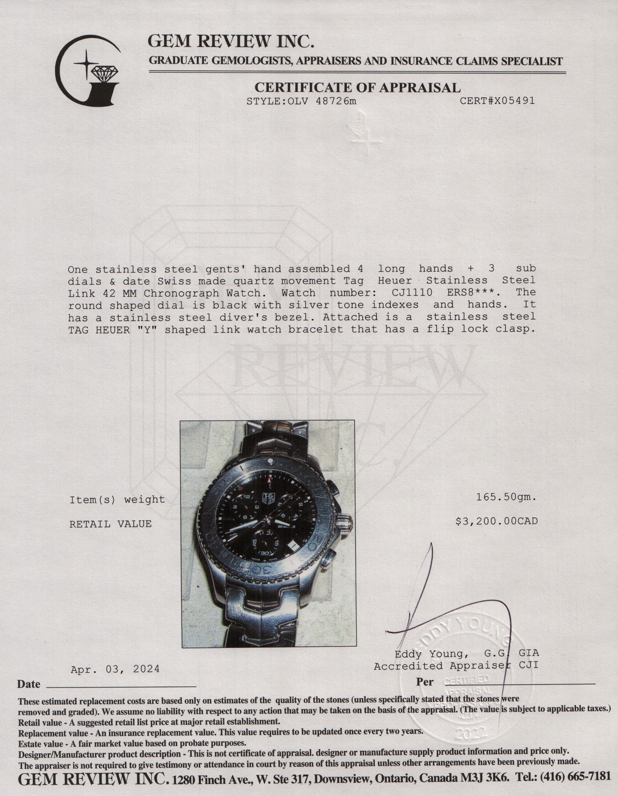 Tag Heuer Stainless Steel Link 42 MM Chronograph Watch