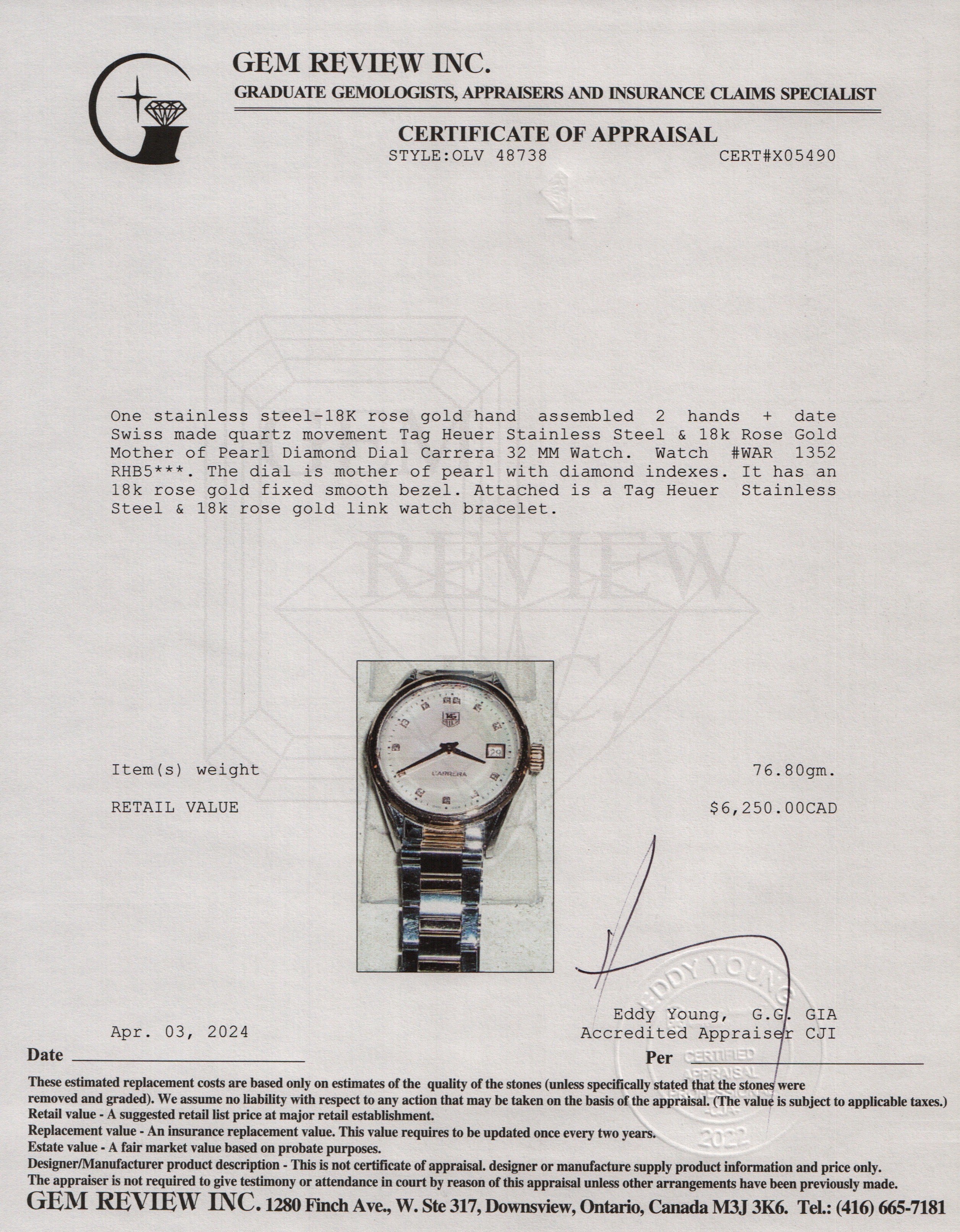 Tag Heuer Stainless Steel & 18k Rose Gold Mother of Pearl Diamond Dial Carrera 32 MM Watch w/ Box