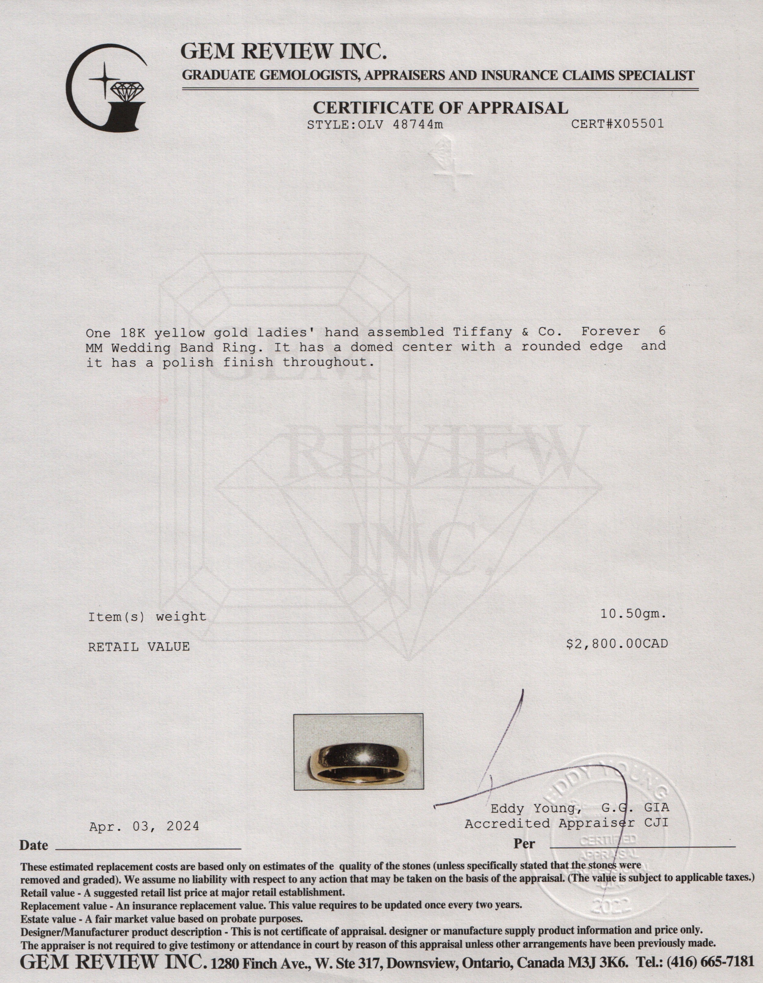 Tiffany & Co. 18k Yellow Gold Forever 6 MM Wedding Band Ring, Size 10.75