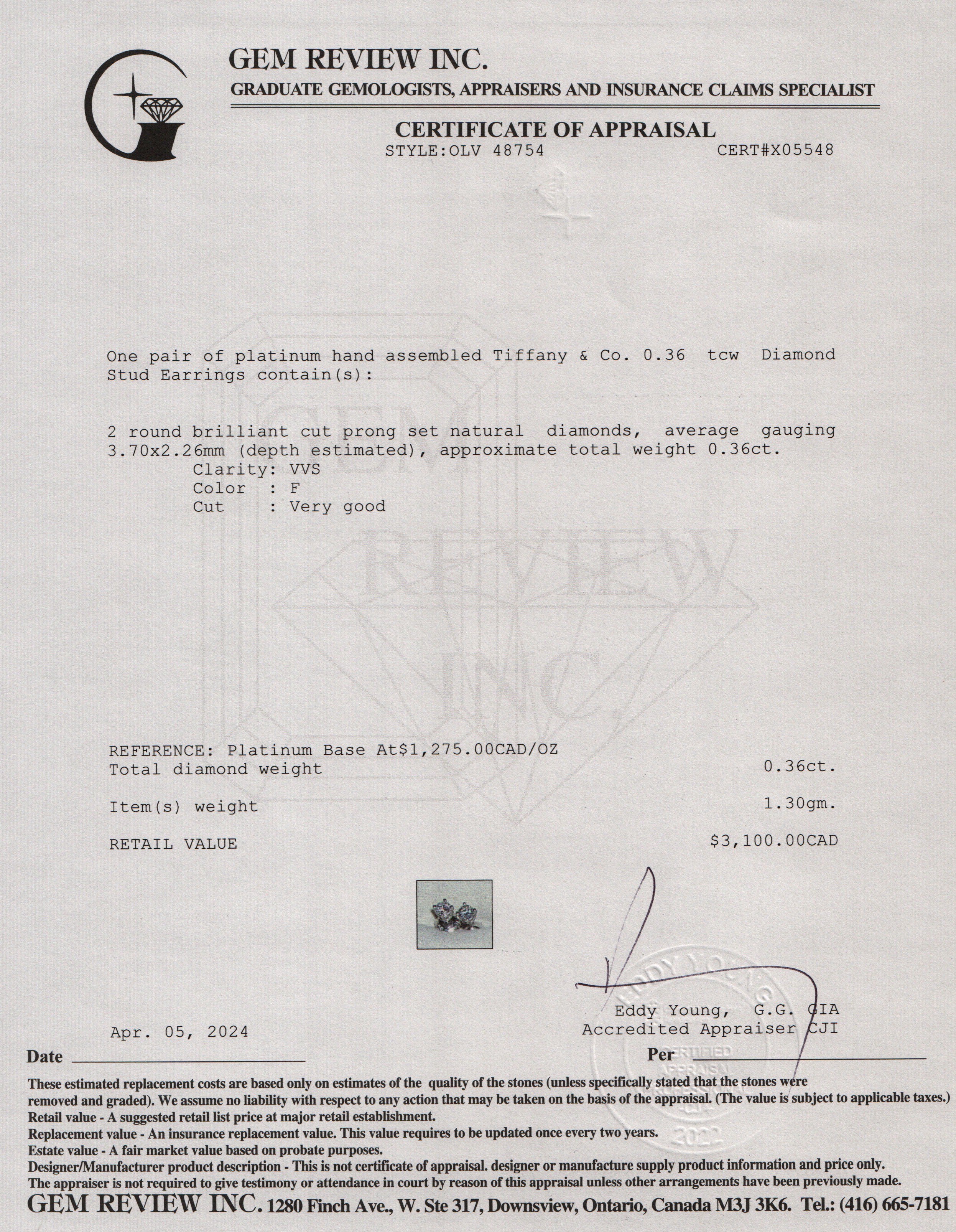 Tiffany & Co. Platinum 0.36 tcw Diamond Stud Earrings w/ Box