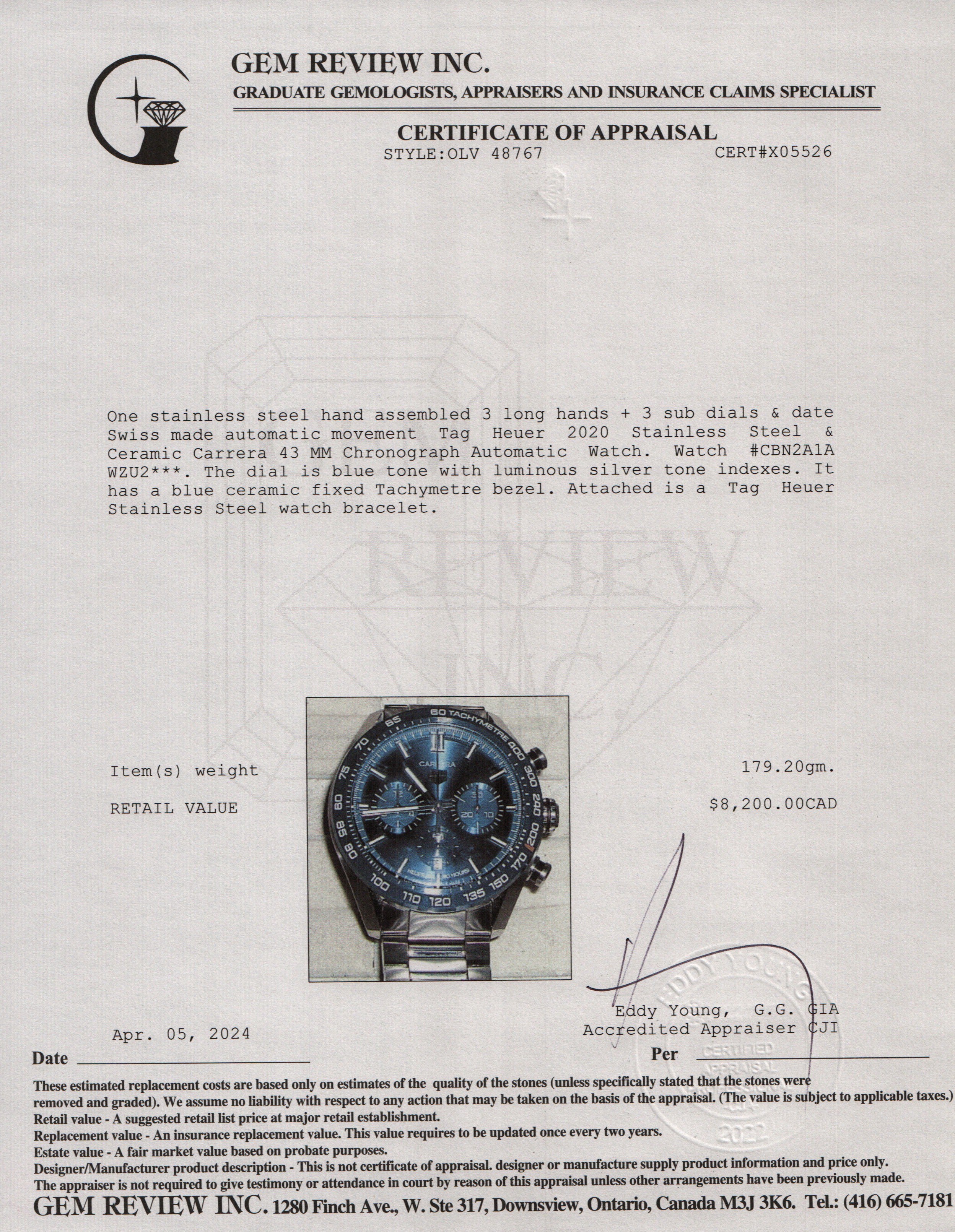 Tag Heuer 2020 Stainless Steel & Ceramic Carrera 43 MM Chronograph Automatic Watch w/ Box & Papers