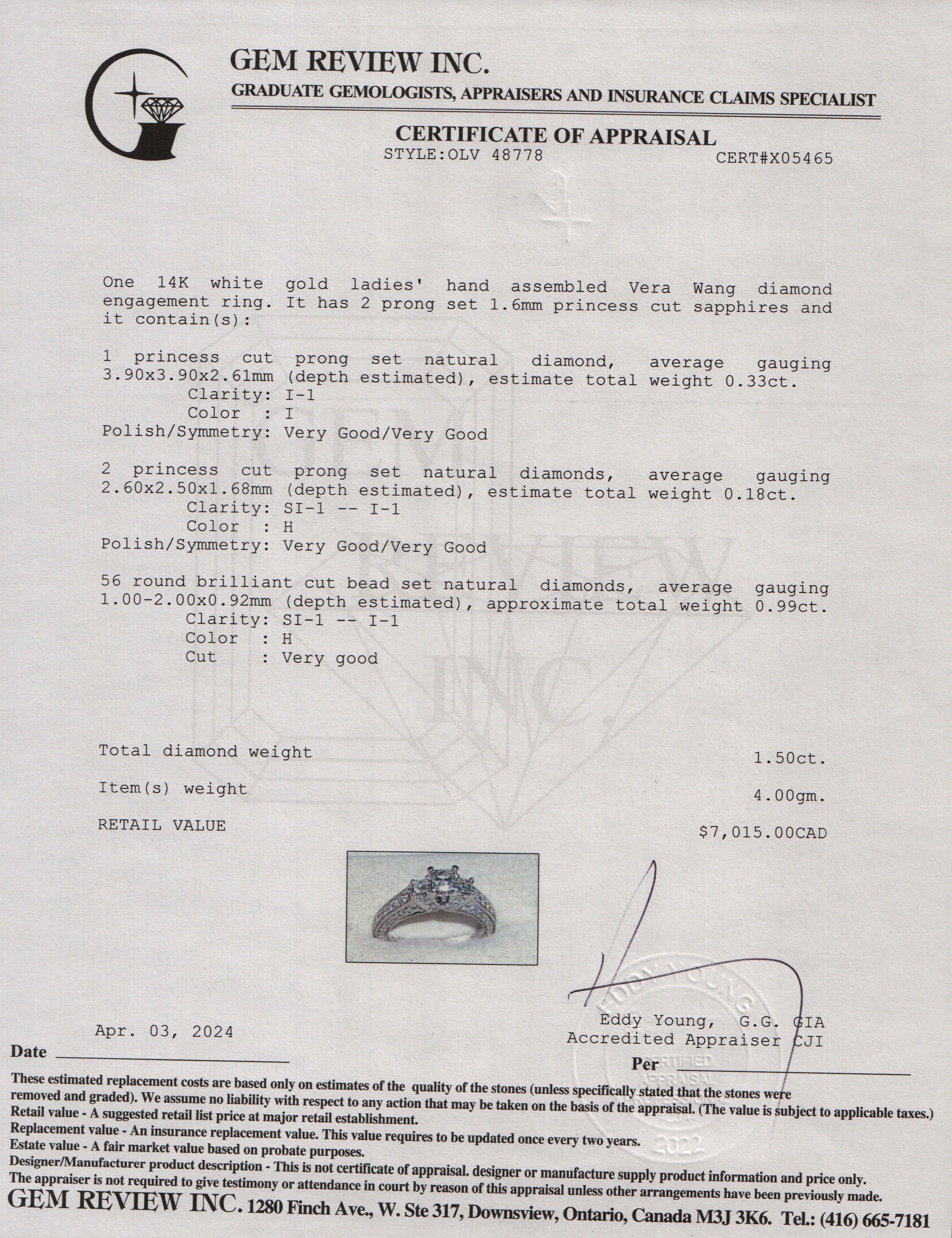 Vera Wang 14k White Gold Love Princess Cut Diamond Engagement Ring, Size 5.25