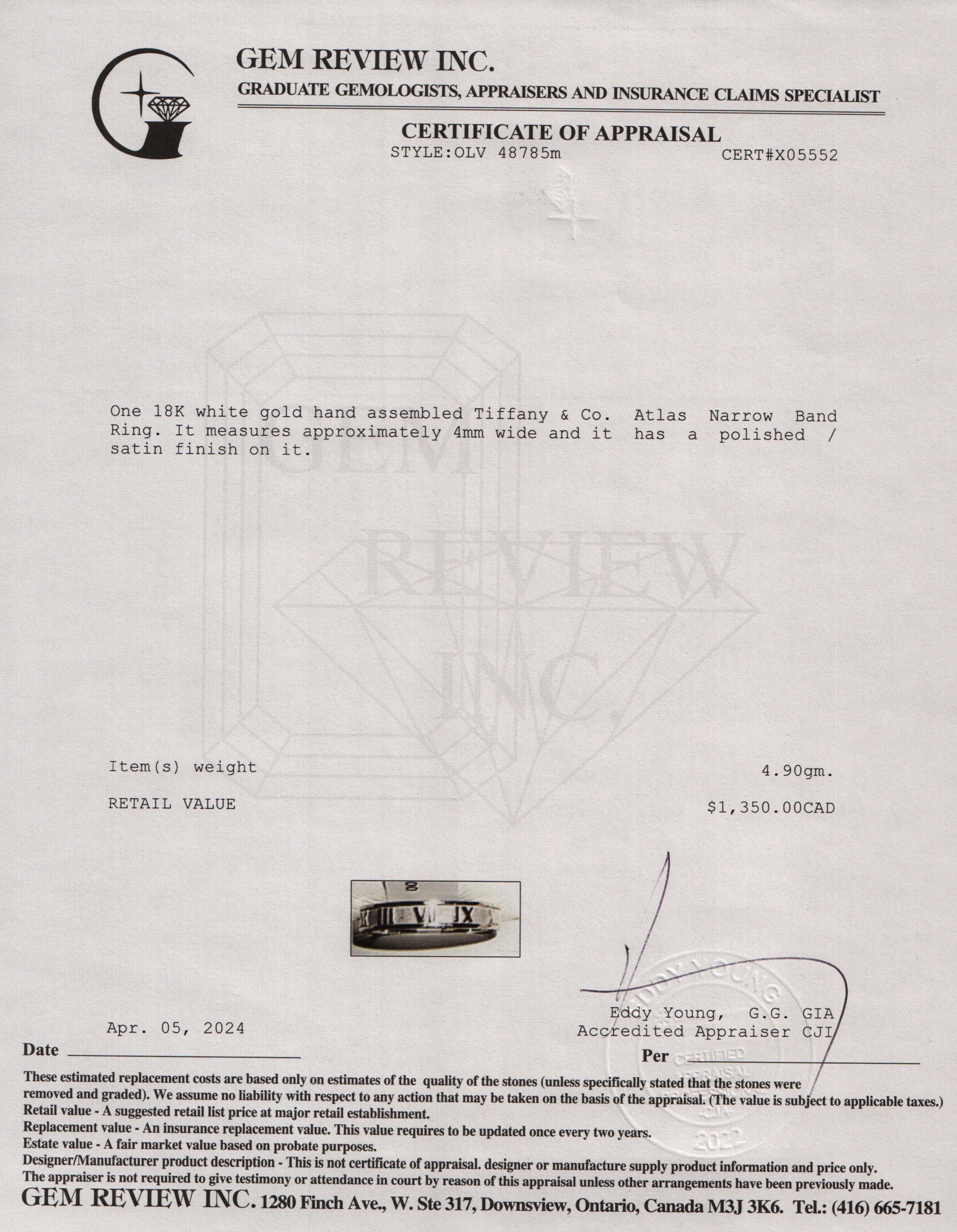 Tiffany & Co. 18k White Gold Atlas Narrow Band Ring, Size 9.5 w/ Box