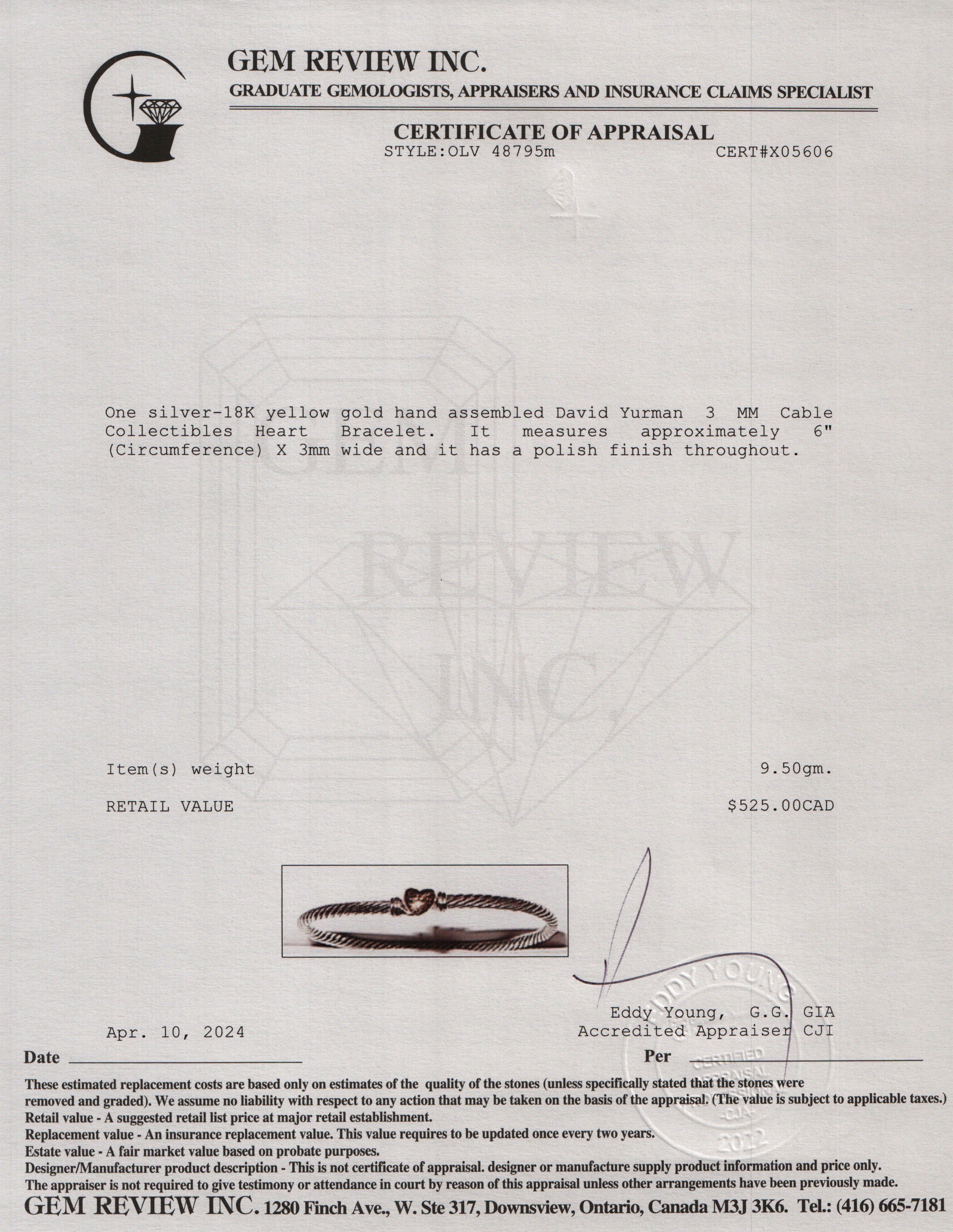 David Yurman Sterling Silver & 18k Yellow Gold 3 MM Cable Collectibles Heart Bracelet