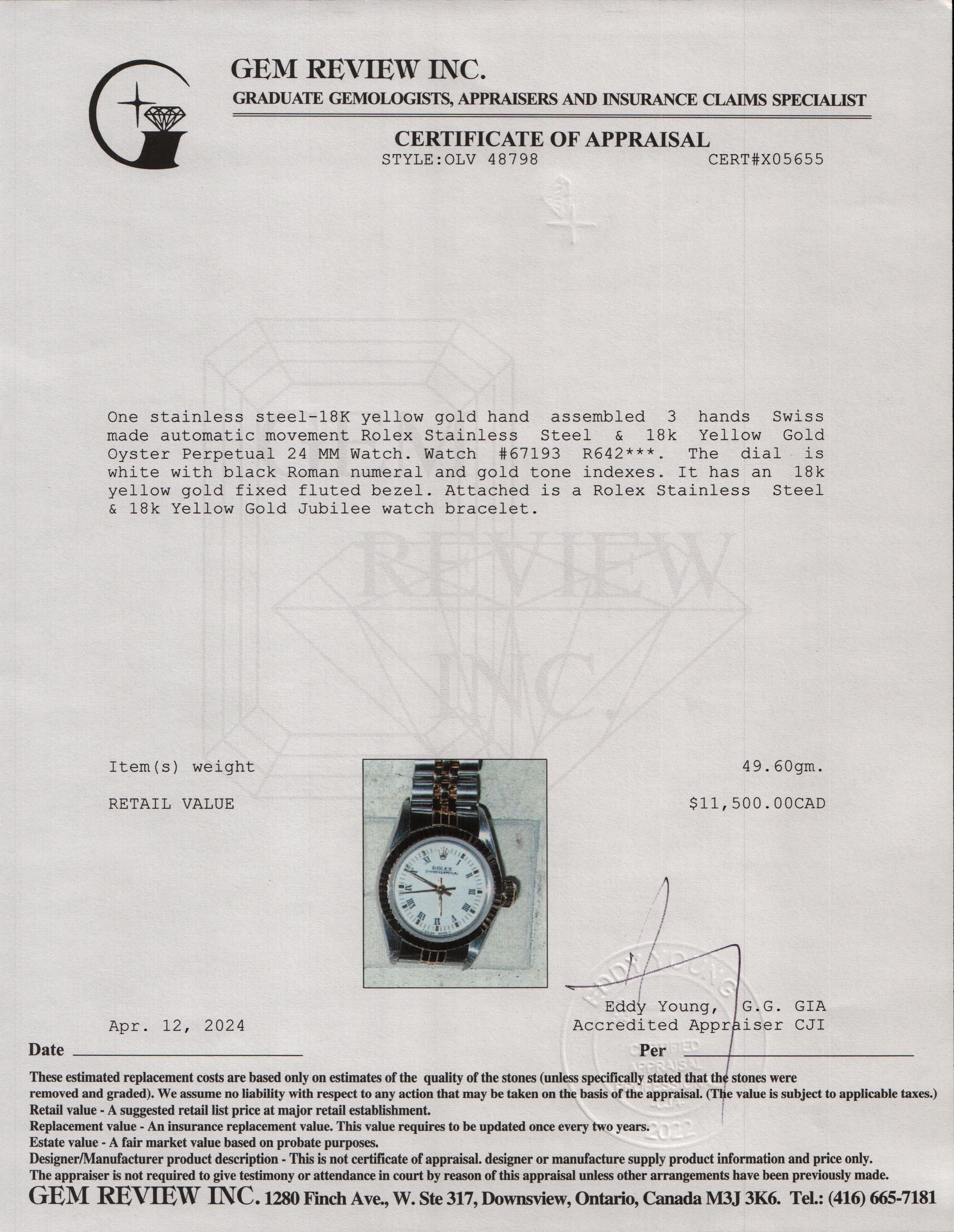 Rolex Stainless Steel & 18k Yellow Gold Oyster Perpetual 24 MM Watch w/ Papers