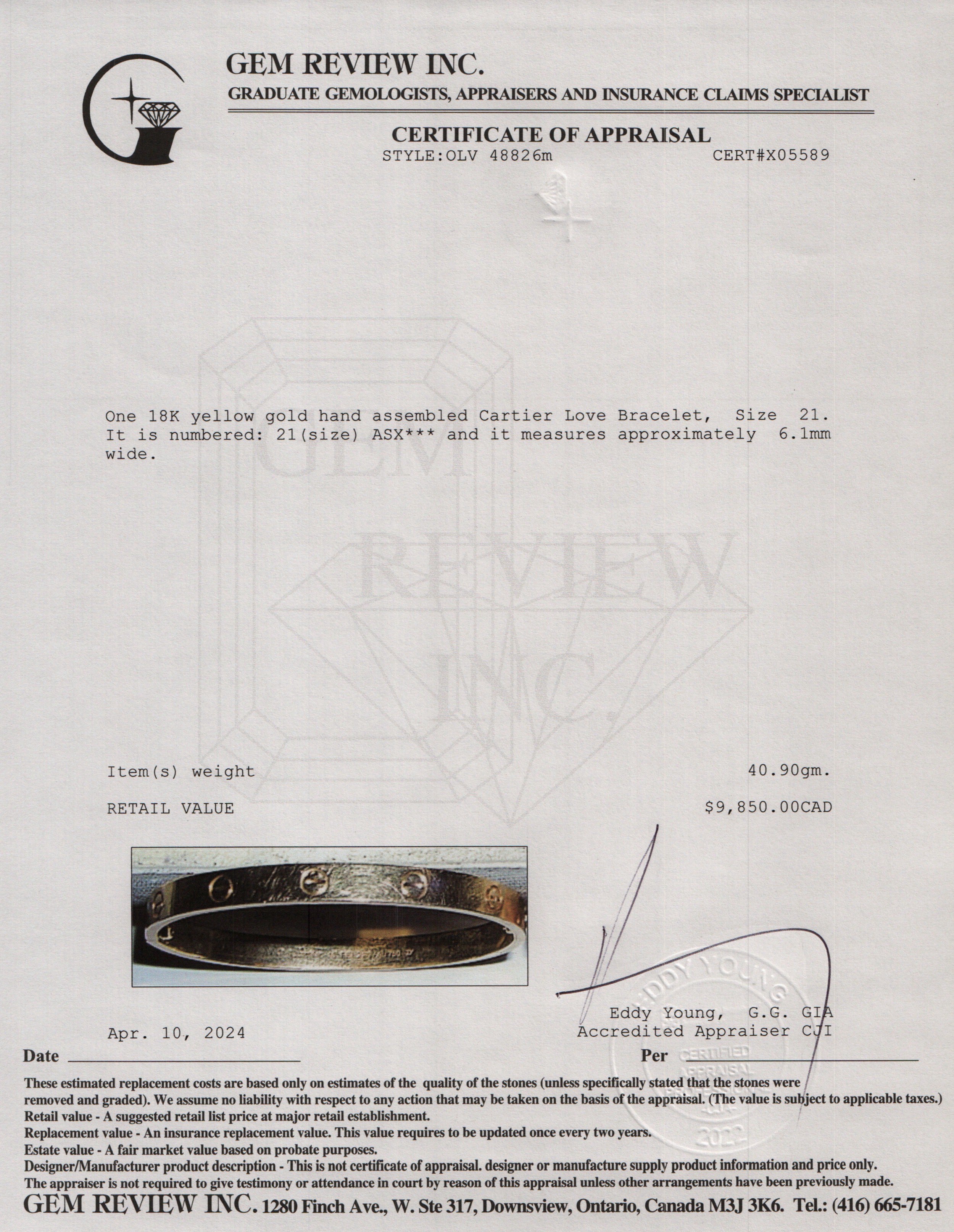 Cartier 18k Yellow Gold Love Bracelet, Size 21 w/ Box & Receipt