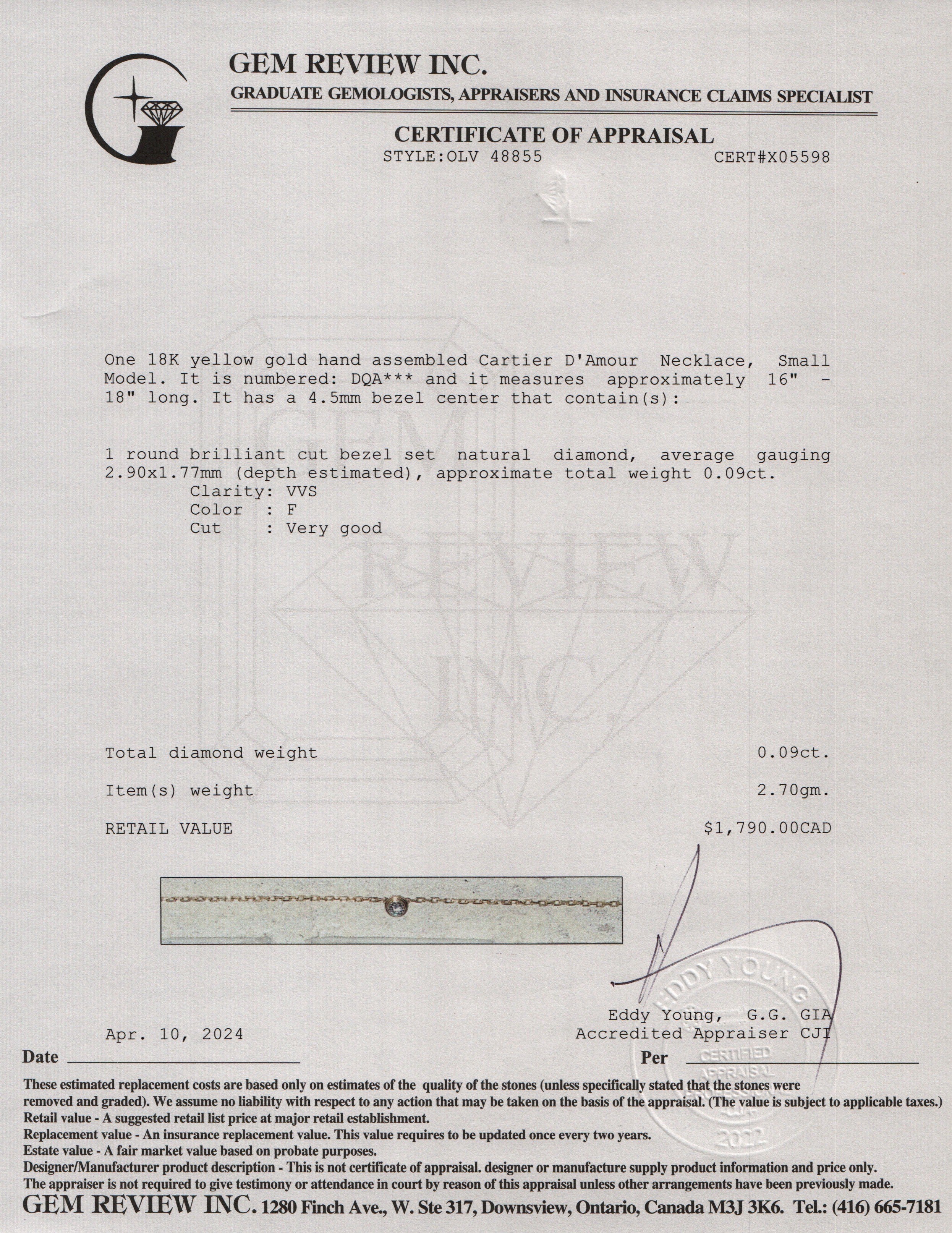 Cartier 18k Yellow Gold D'Amour Necklace, Small Model w/ Box