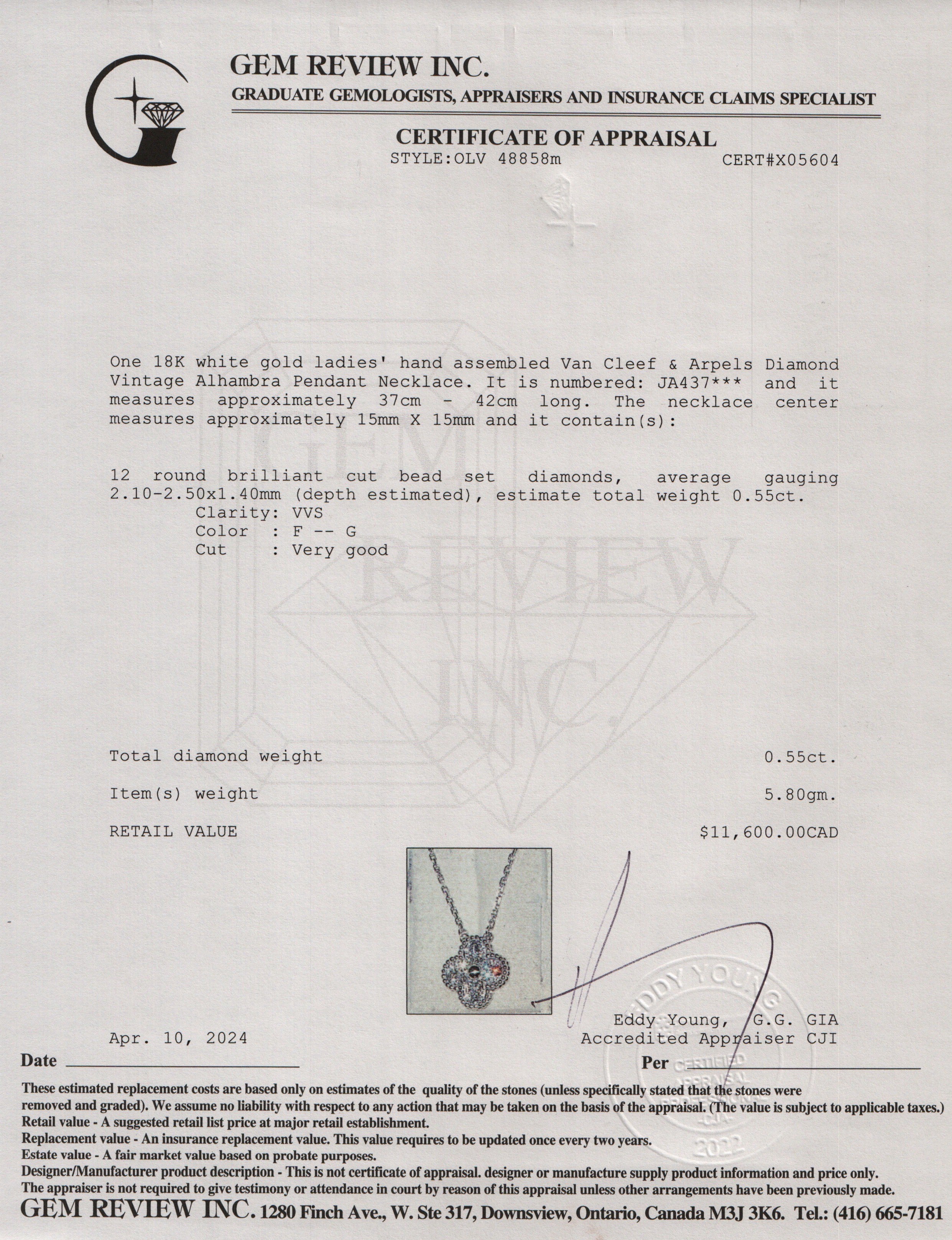 Van Cleef & Arpels 18k White Gold Diamond Vintage Alhambra Pendant Necklace w/ Box