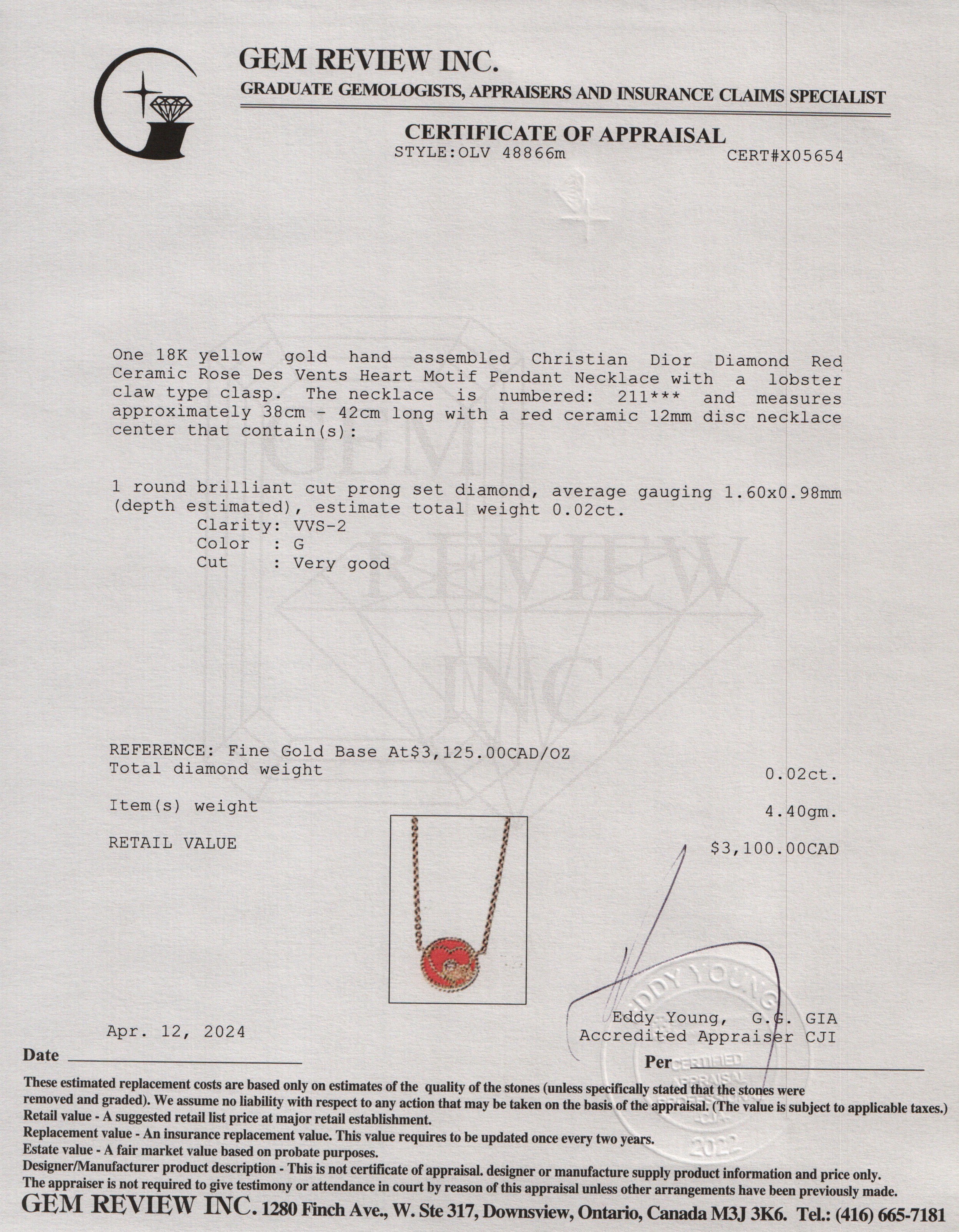 Christian Dior 18k Yellow Gold Diamond Red Ceramic Rose Des Vents Heart Motif Pendant Necklace