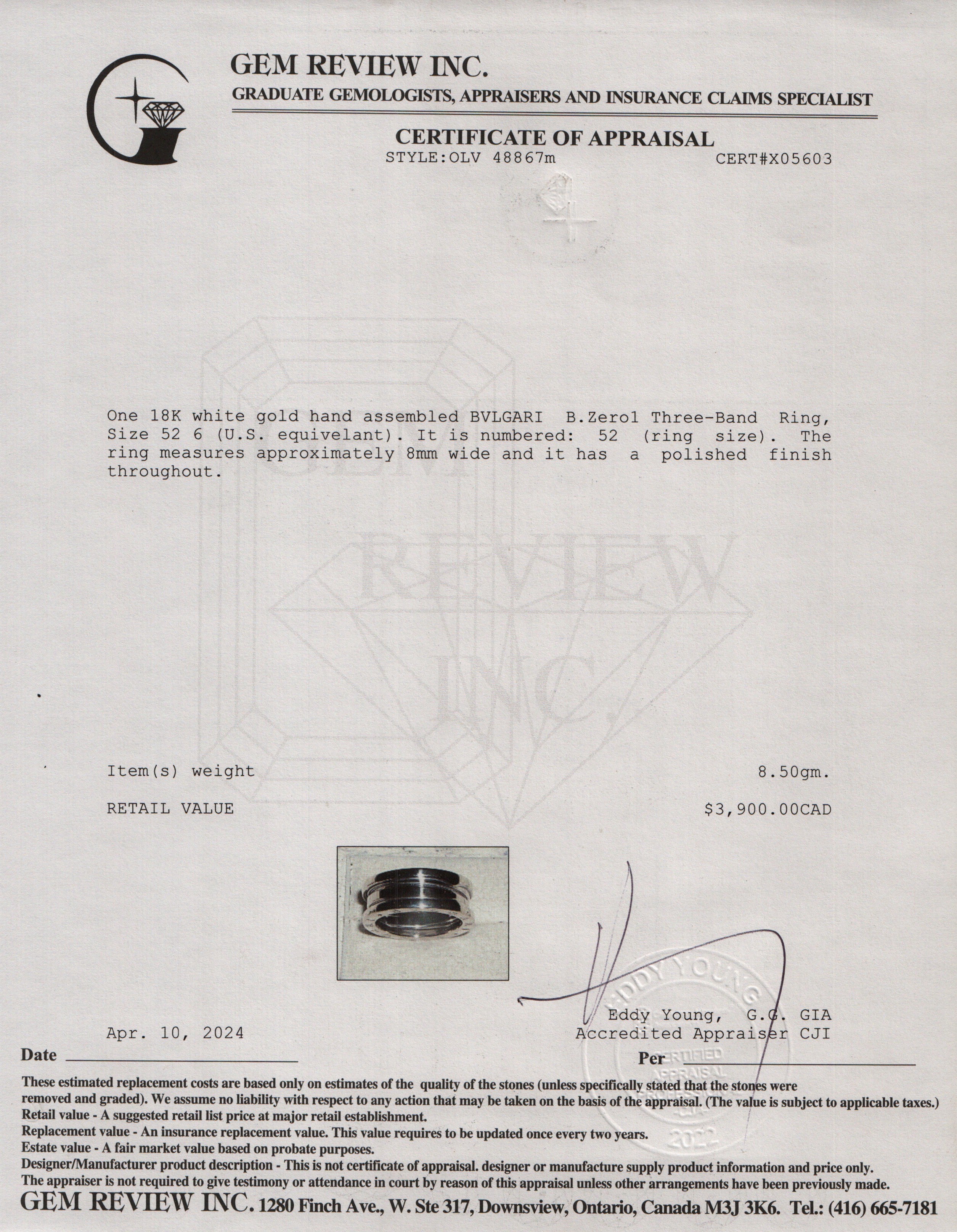 BVLGARI 18k White Gold B.Zero1 Three-Band Ring, Size 52 6