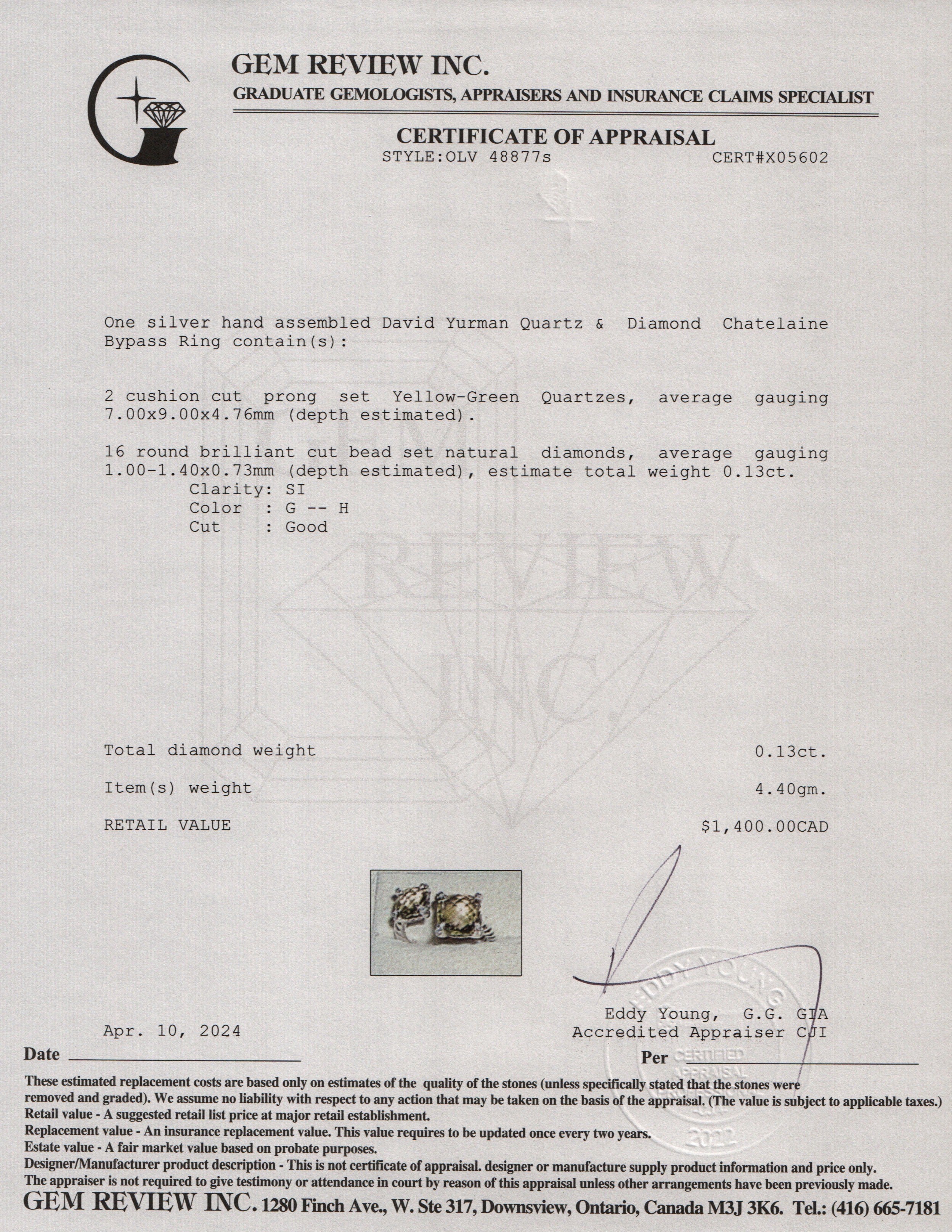 David Yurman Sterling Silver Quartz & Diamond Chatelaine Bypass Ring, Size 5.5