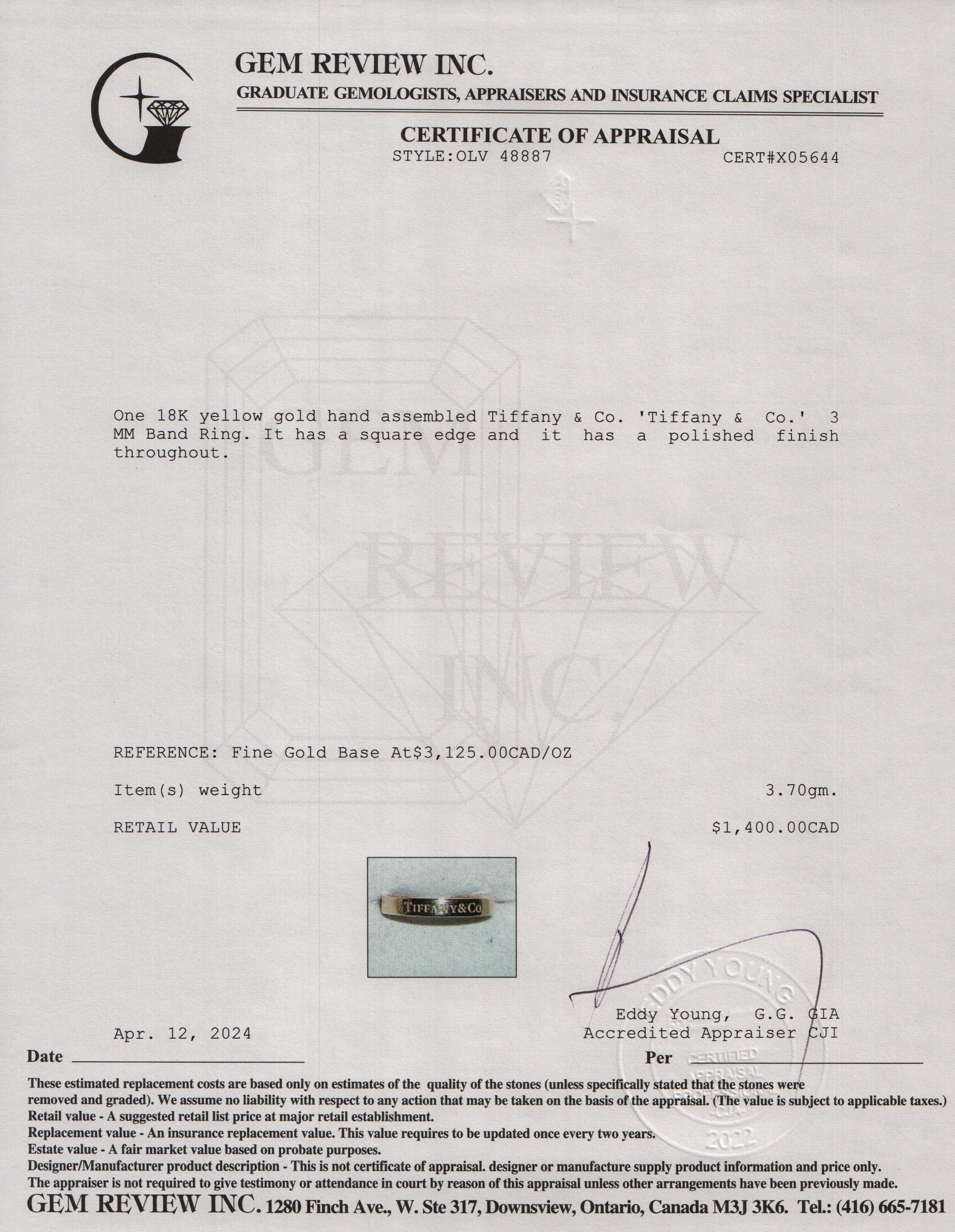 Tiffany & Co. 18k Yellow Gold 'Tiffany & Co.' 3 MM Band Ring, Size 5.75