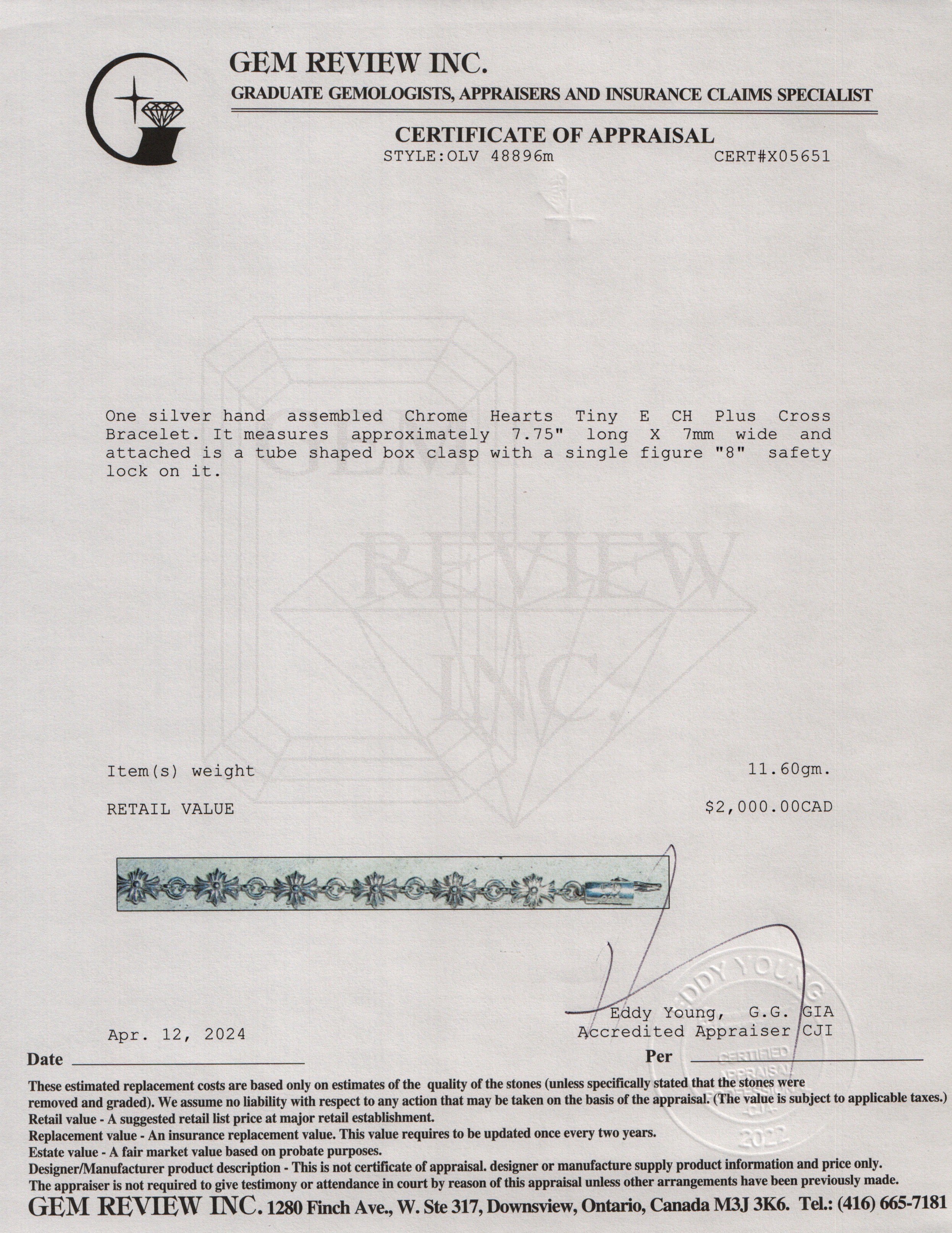 Chrome Hearts Sterling Silver Tiny E CH Plus Cross Bracelet