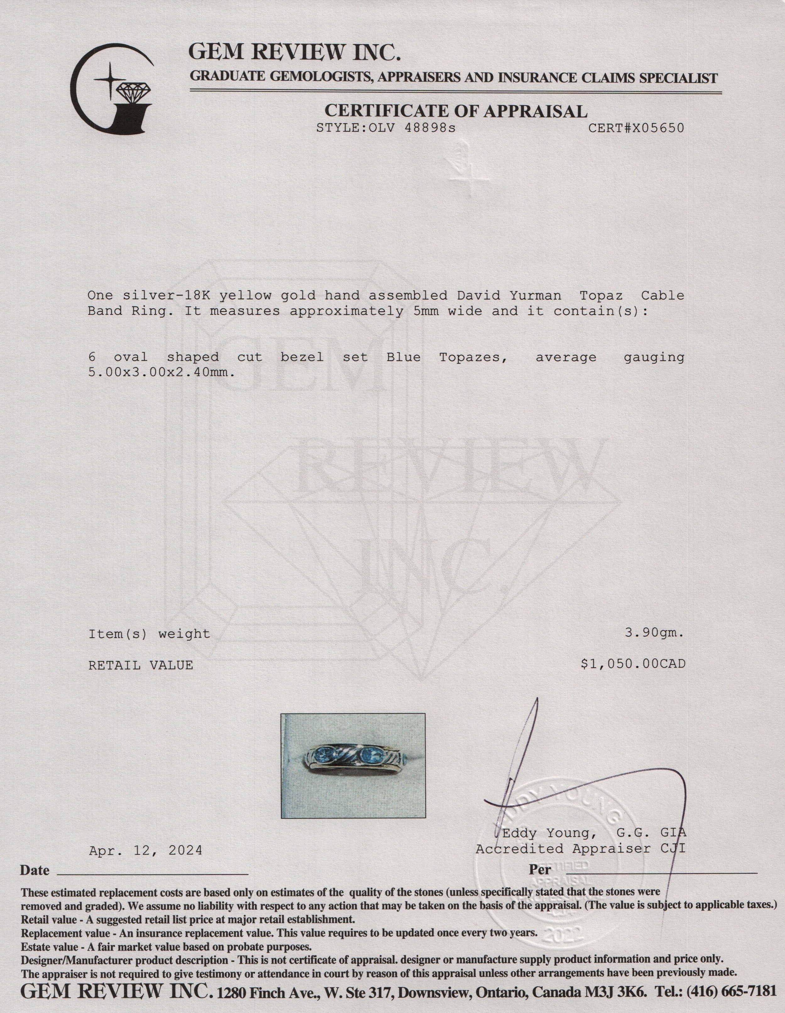 David Yurman Sterling Silver & 18k Yellow Gold Topaz Cable Band Ring, Size 6