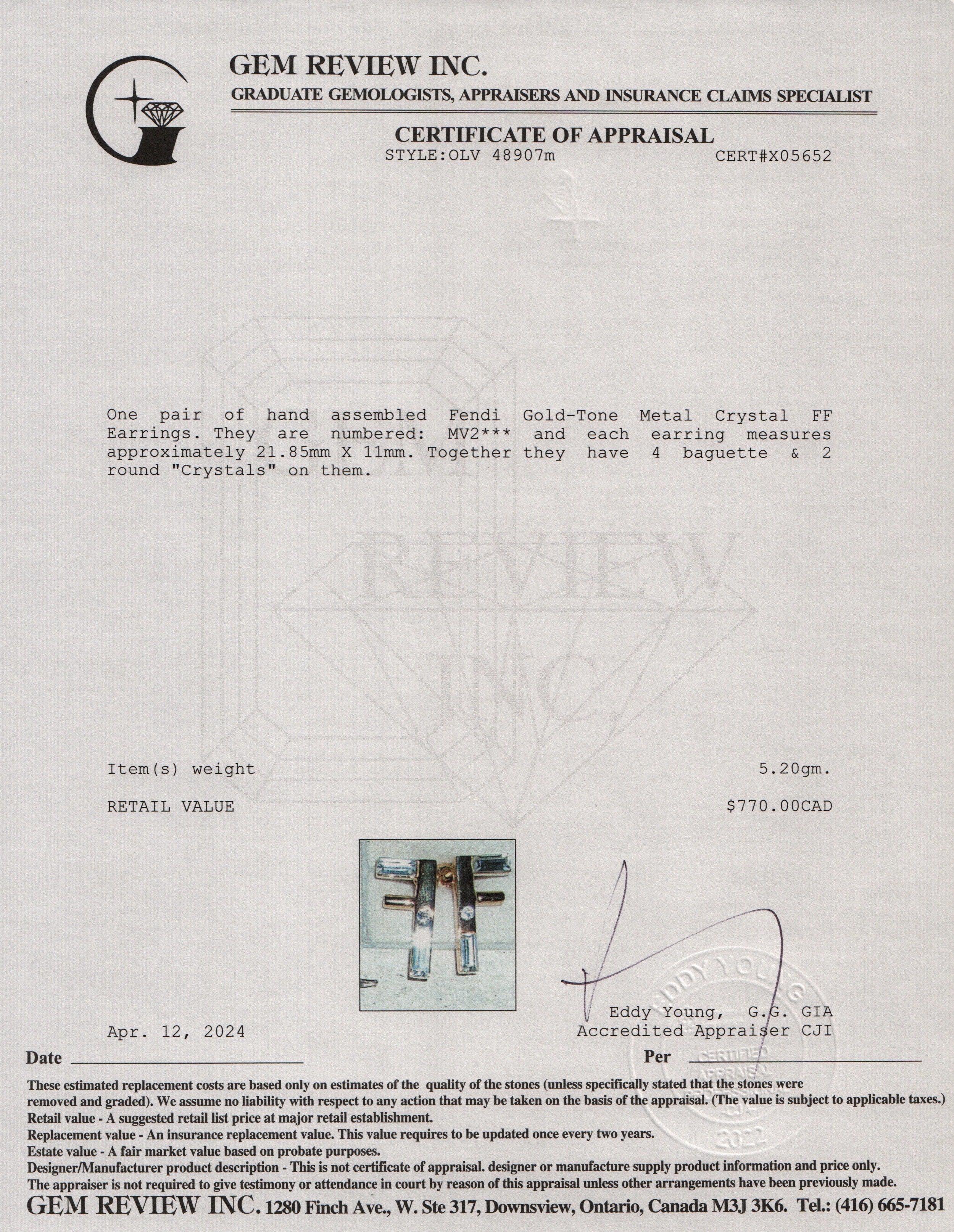 Fendi Gold-Tone Metal Crystal FF Earrings w/ Box