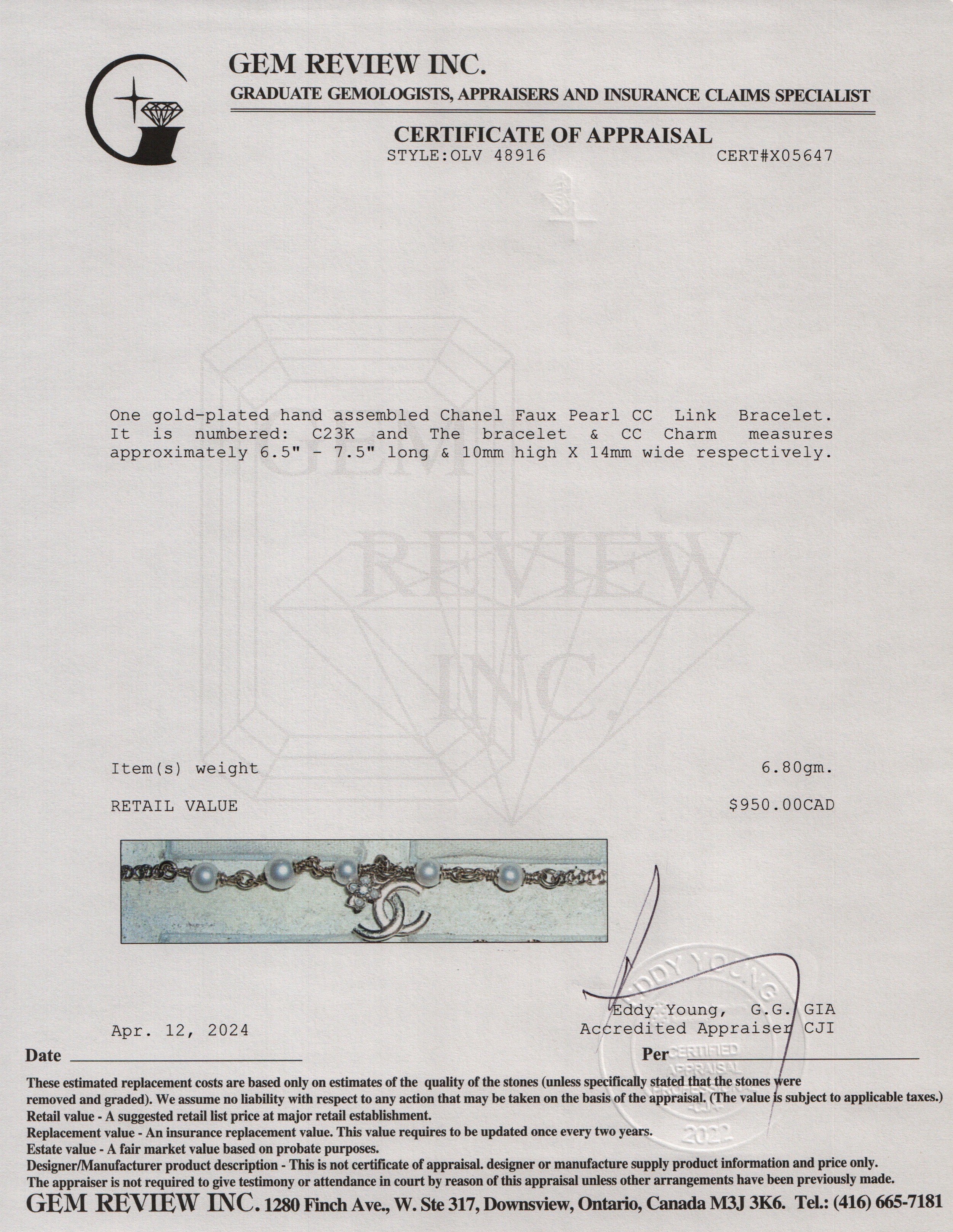 Chanel 2023 Gold Plated Faux Pearl CC Link Bracelet w/ Box & Receipt