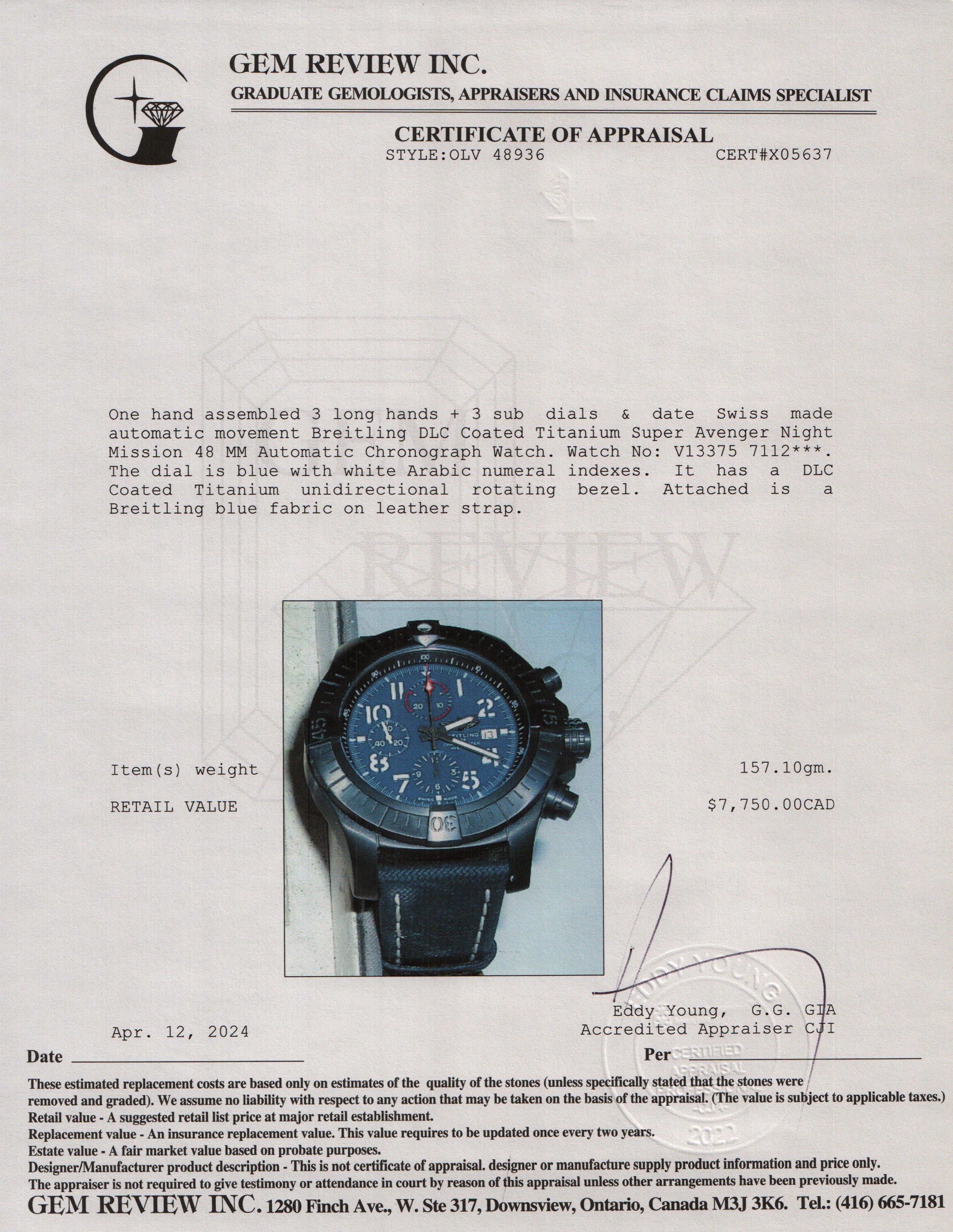 Breitling DLC Coated Titanium Super Avenger Night Mission 48 MM Automatic Chronograph Watch w/ Box & Papers