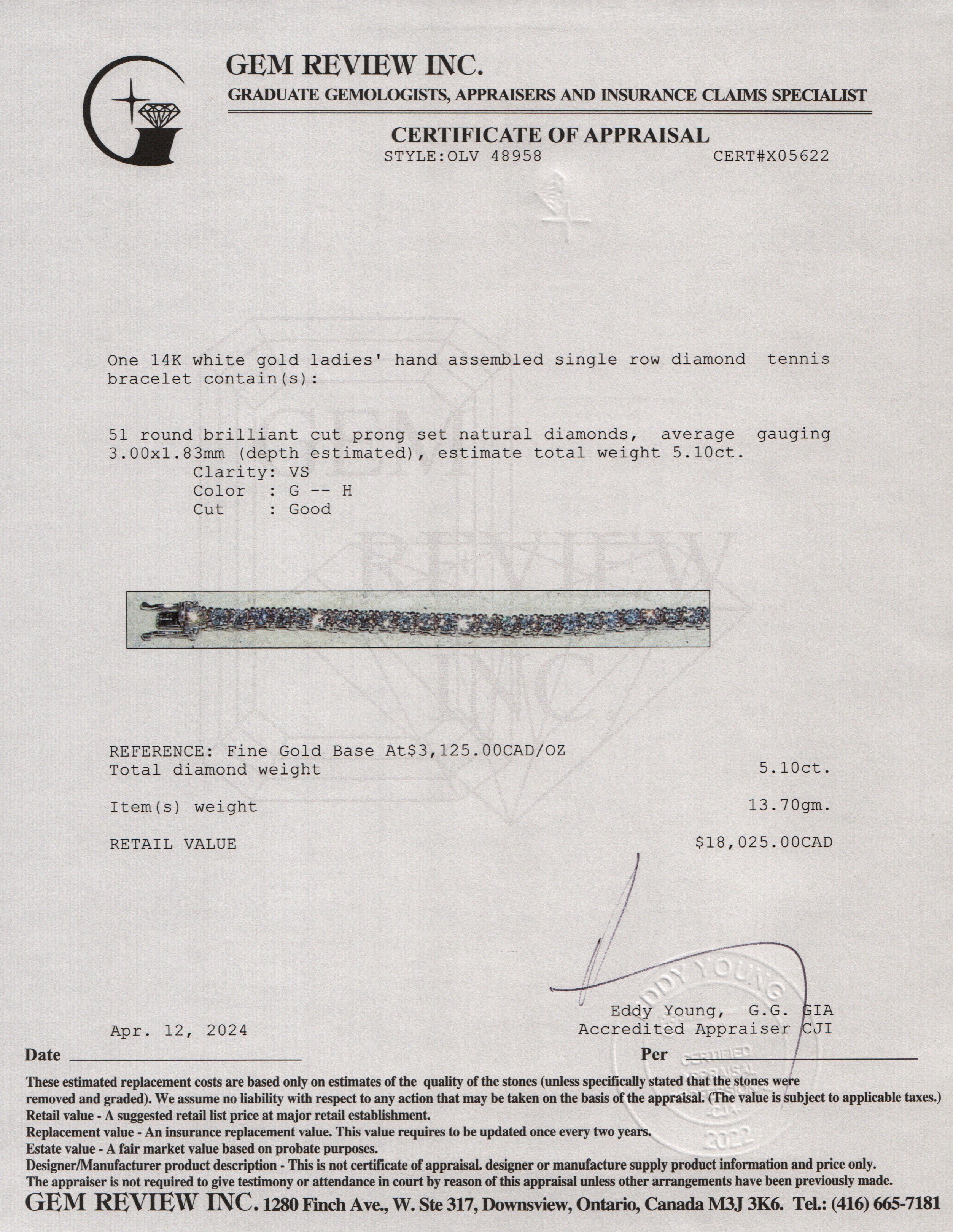 14k White Gold 5.10 tcw. Diamond Tennis Bracelet