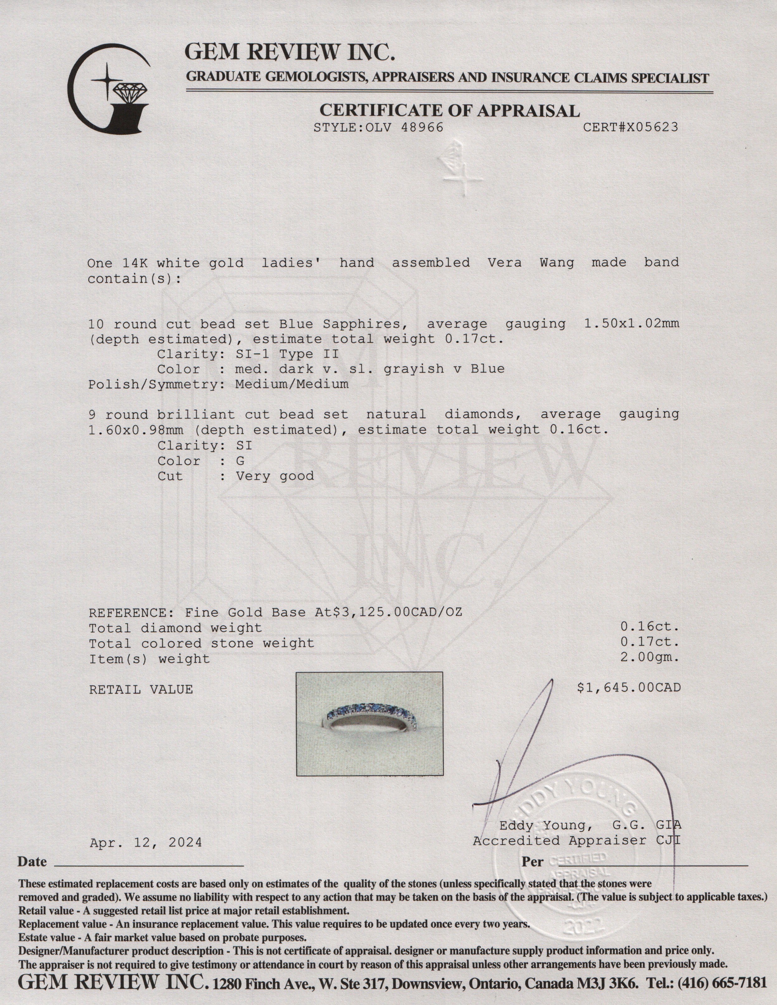 Vera Wang 14k White Gold Love Sapphire & Diamond Band Ring, Size 5.5
