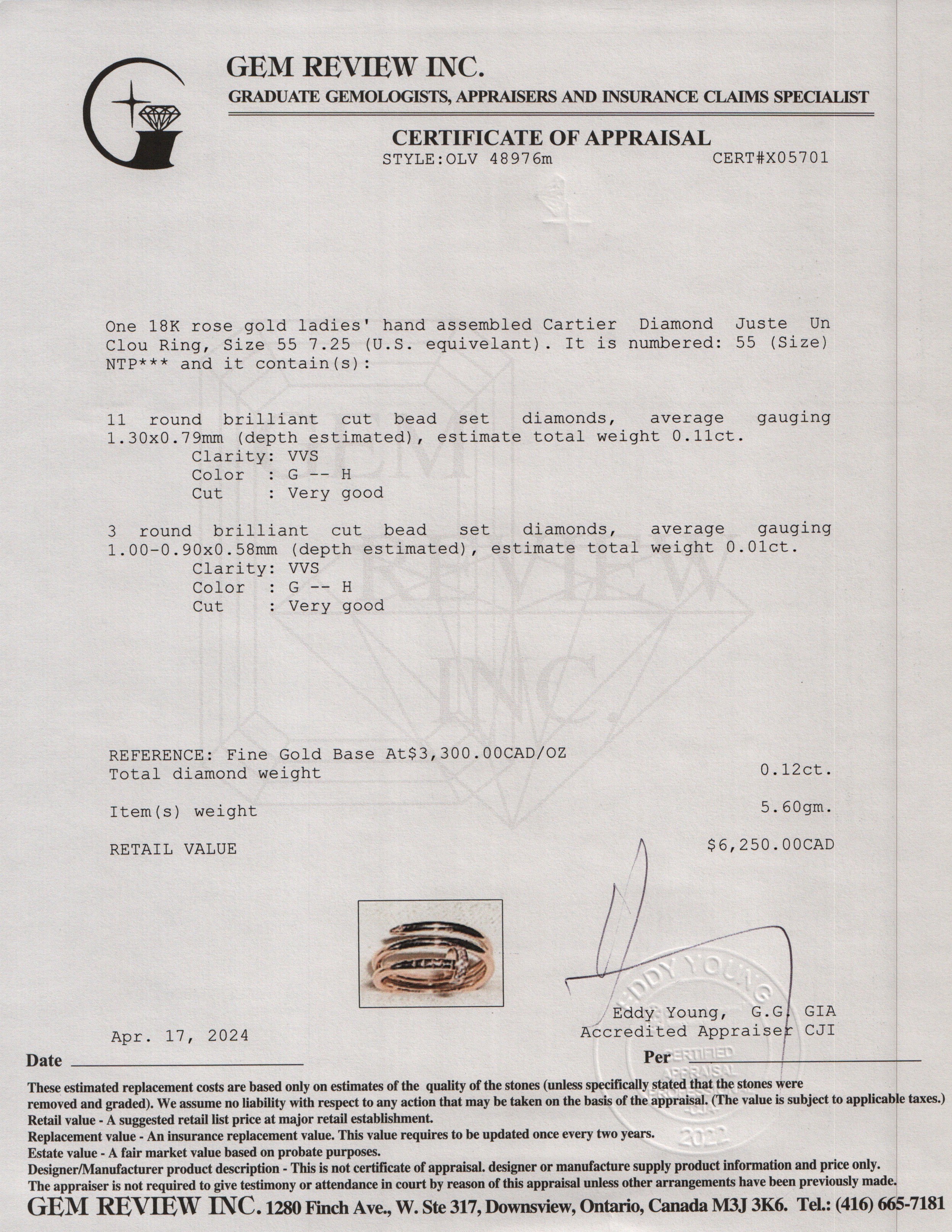 Cartier 18k Rose Gold Diamond Juste Un Clou Ring, Size 55 7.25