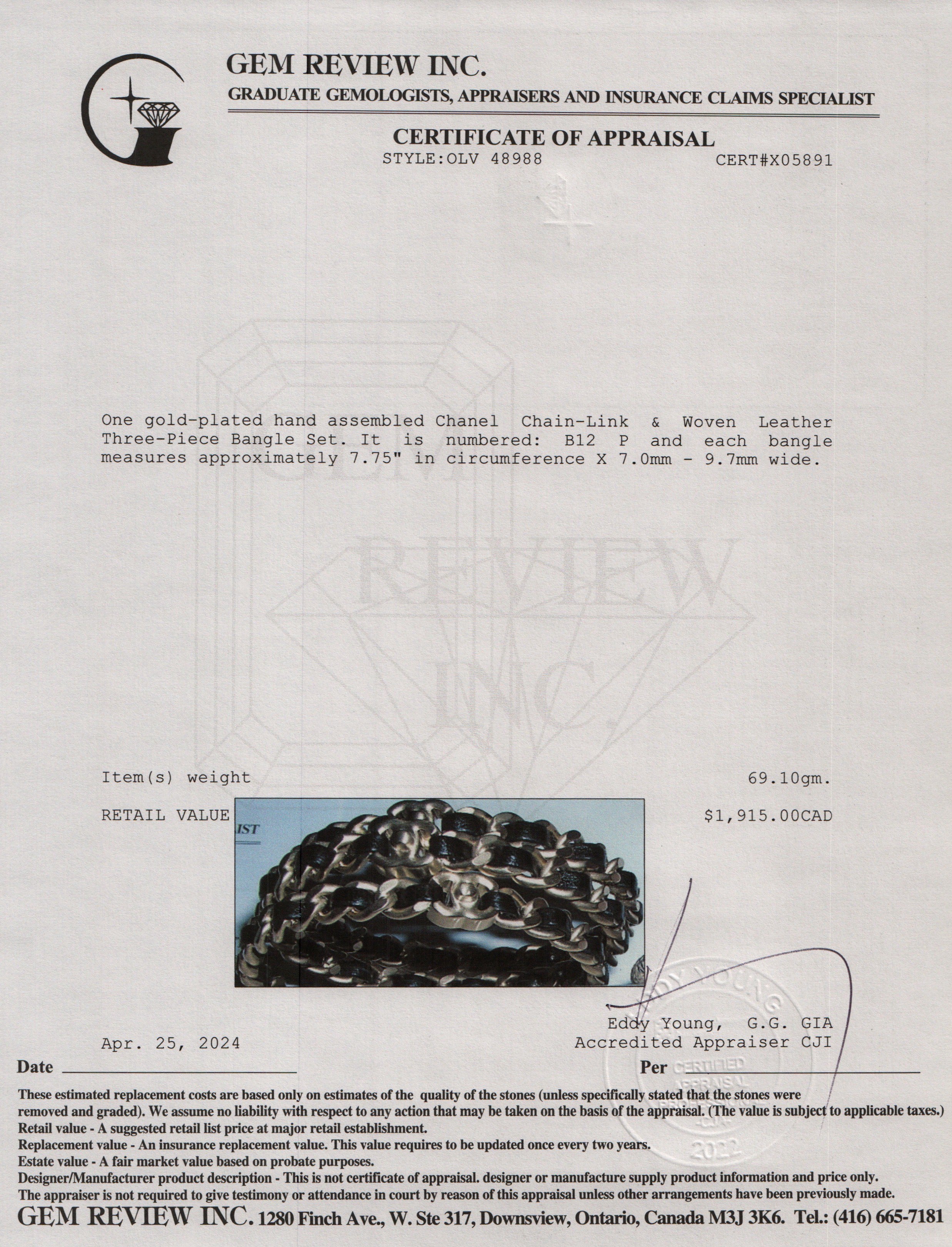 Chanel Gold Plated Chain-Link & Woven Leather Three-Piece Bangle Set