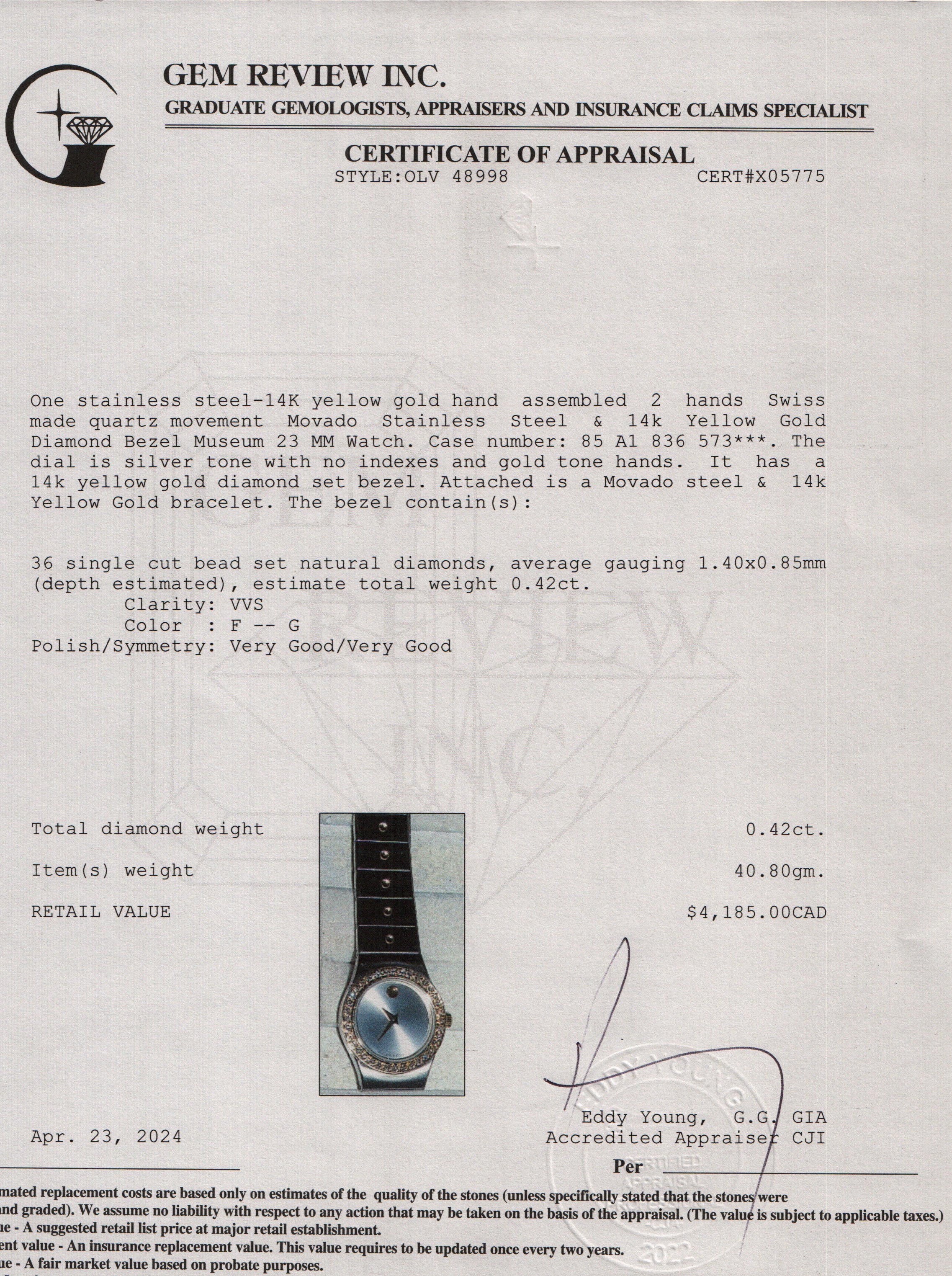 Movado Stainless Steel & 14k Yellow Gold Diamond Bezel Museum 23 MM Watch w/ Box